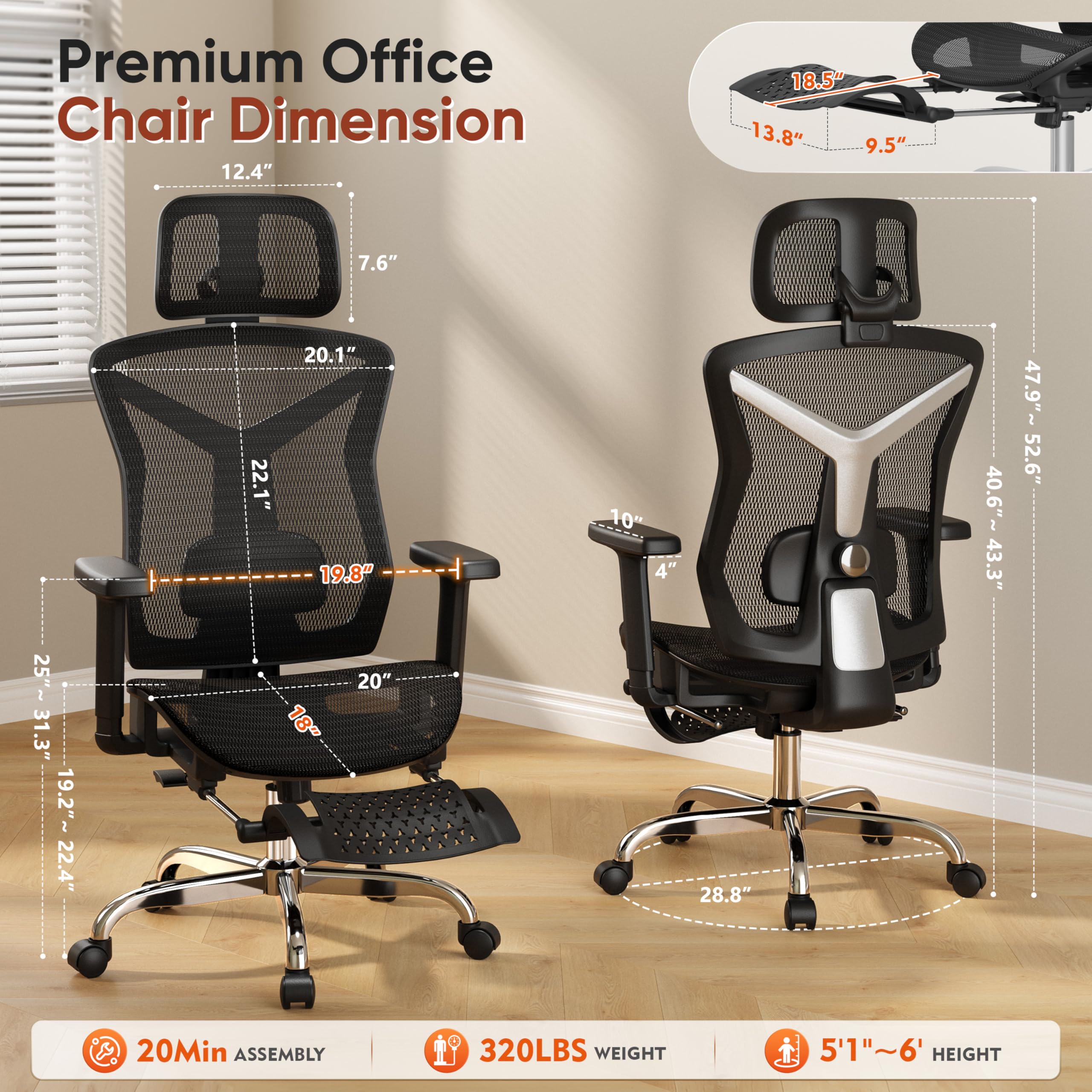 Ergonomic Office Chair with Foot Rest, Home Mesh Desk Chair with Adjustable Lumbar Support, 3D Armrest, 3D Headrest, 90°-135° Lockable Reclining Function, Comfy High Back Swivel Computer Gaming Chairs