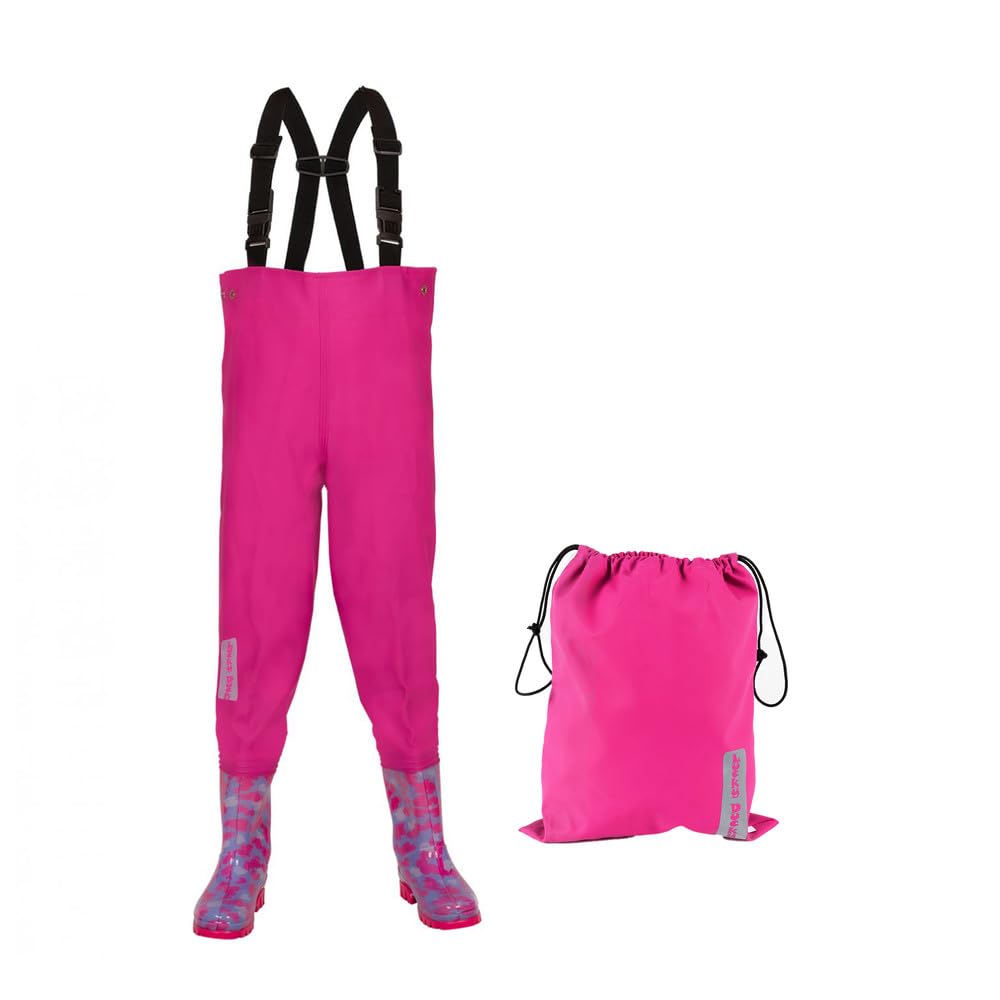 Dönges Kinder-Wathose, wasserdichte Regenhose für Jungs und Mädchen, ungefüttert mit Watstiefeln und Verstellbaren Hosenträgern, Größe 34/35 Rosa, Outdoor Buddelhose für Regen, Matschhose