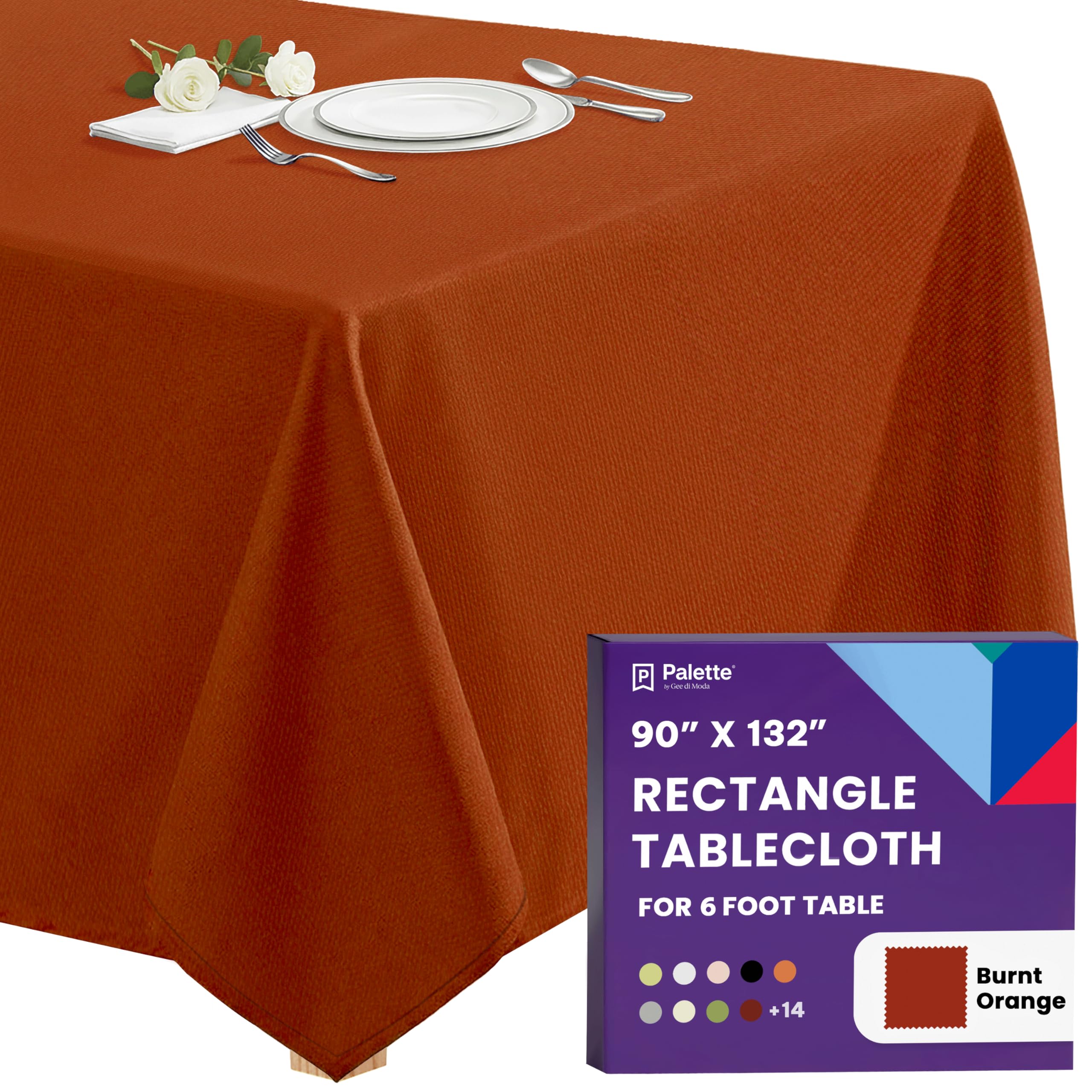 Gee Di Moda Rectangle Tablecloth - 90 x 132 Inch Burnt Orange Table Cloth for 6 Foot Tables with Floor-Length Drop - Heavy Duty Washable Fabric for Holiday Party, Dinner, Weddings &amp; Baby Shower