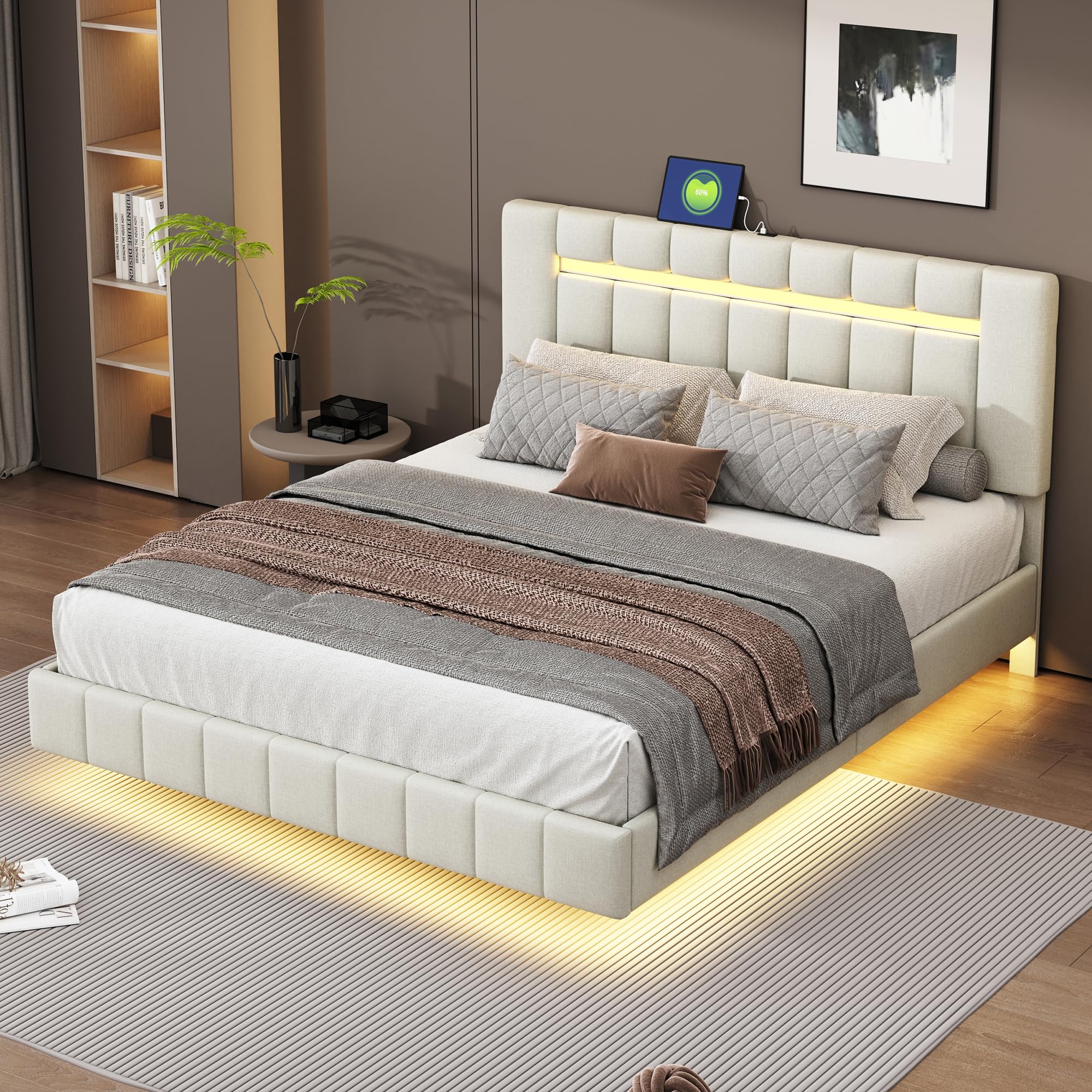 Lit rembourré, 160 x 200 cm, cadre de lit flottant, avec lumières LED et 2 ports USB, lit double, en lin doux pour la peau, sans matelas (beige)