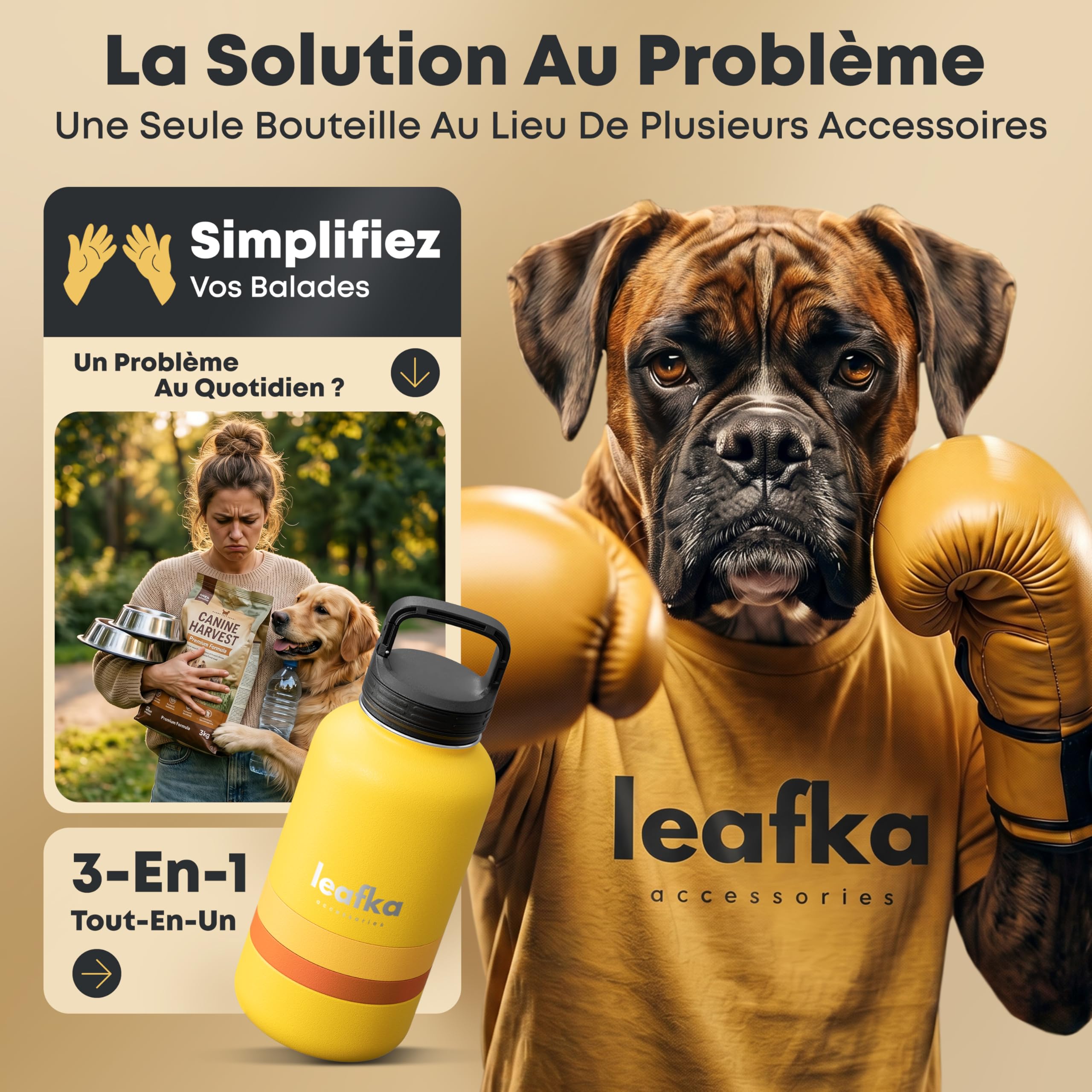 3-in-1-Hundeflasche mit Wassernapf und Trockenfach, tragbare Reiseflasche für Hunde und Katzen, Transportflasche für Wasser und Tierfutter (gelb)