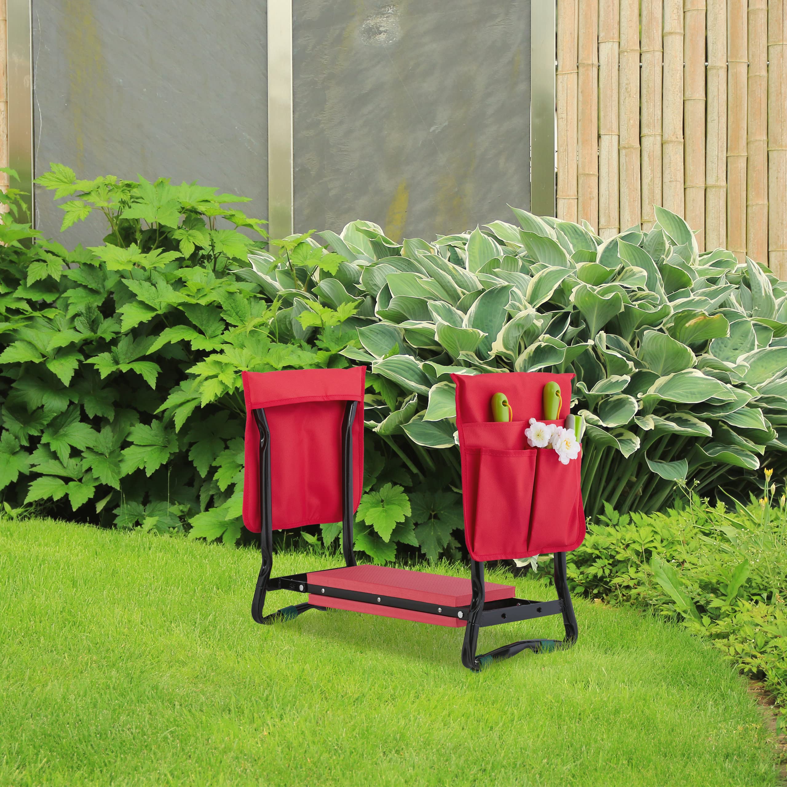 Relaxdays Tapis pour Le Jardinage, avec Pochettes, ménage Vos articulations, Charge Max. :150 kg, Pliable, Noir/Rouge