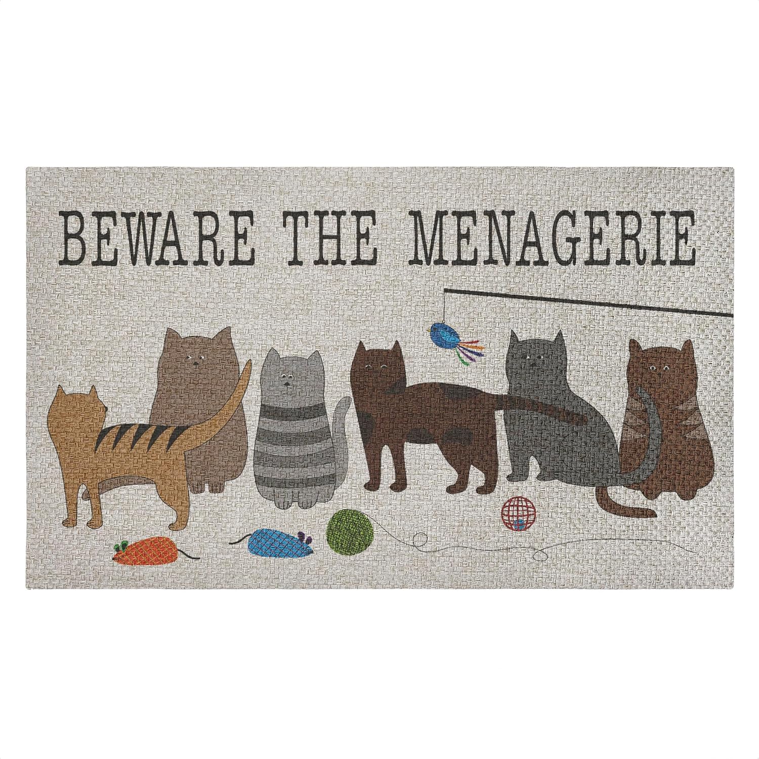 Beware The Menagerie Outdoor Door Mat, Durable Non-Slip Woven Natural Texture Mat with Recycled Rubber Backing, Weather-Resistant Funny Animal Lover Entry Design by Darlene Seale, 18"x30"
