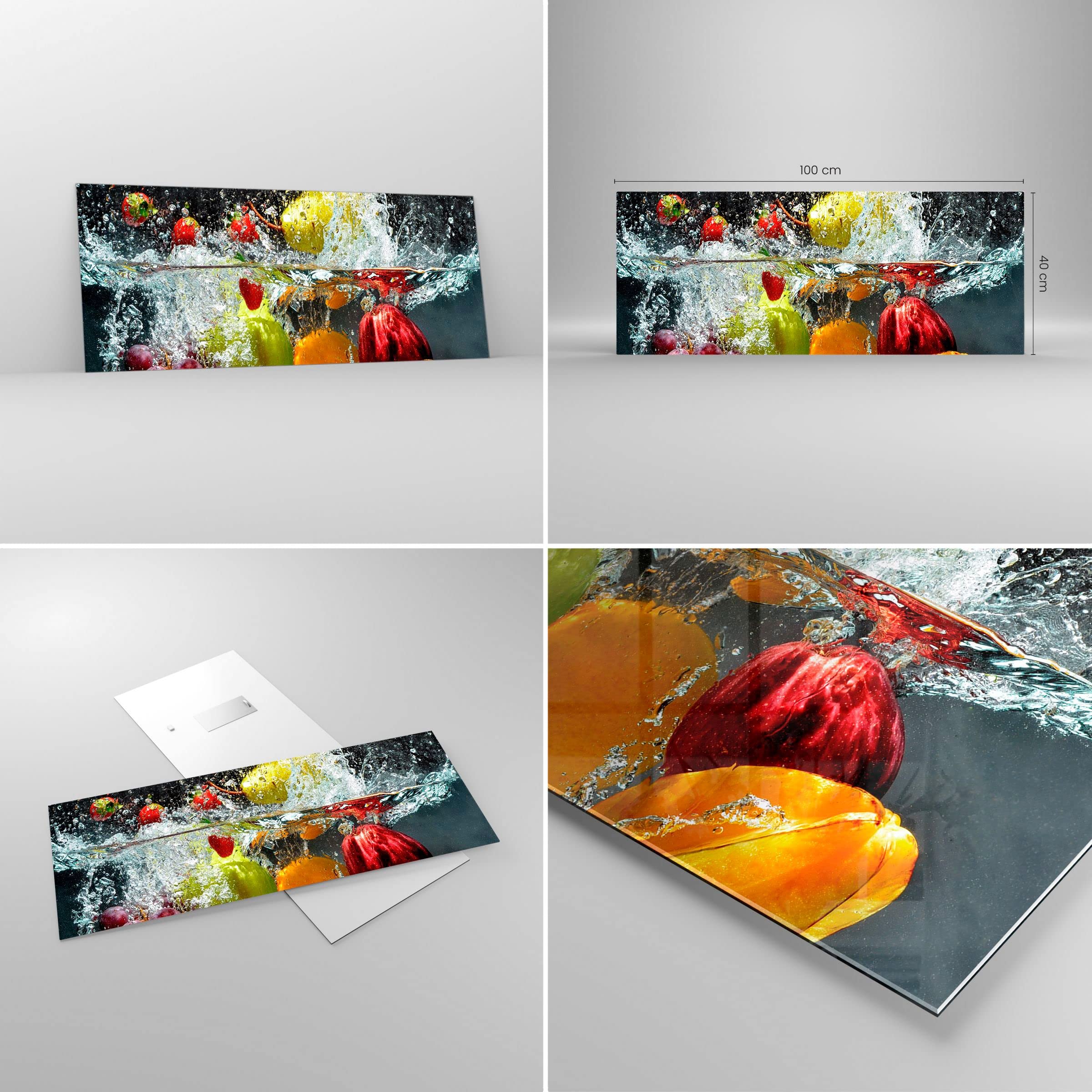 Moderne Impression sur Verre 100x40cm Image Tableau en Verre Decoration Murale Fruits eau éclaboussures nourriture Grand Tableaux Decoratifs Muraux Chambre Panoramique Deco Salon Art GAB100x40-2972