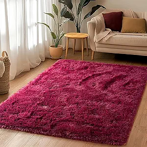 3x5 Rug - Non-Slip Rugs for Living Room - Height Pile 1.4" Plush Rug - Fluffy Throw Carpet for Bedroom - Burgundy
