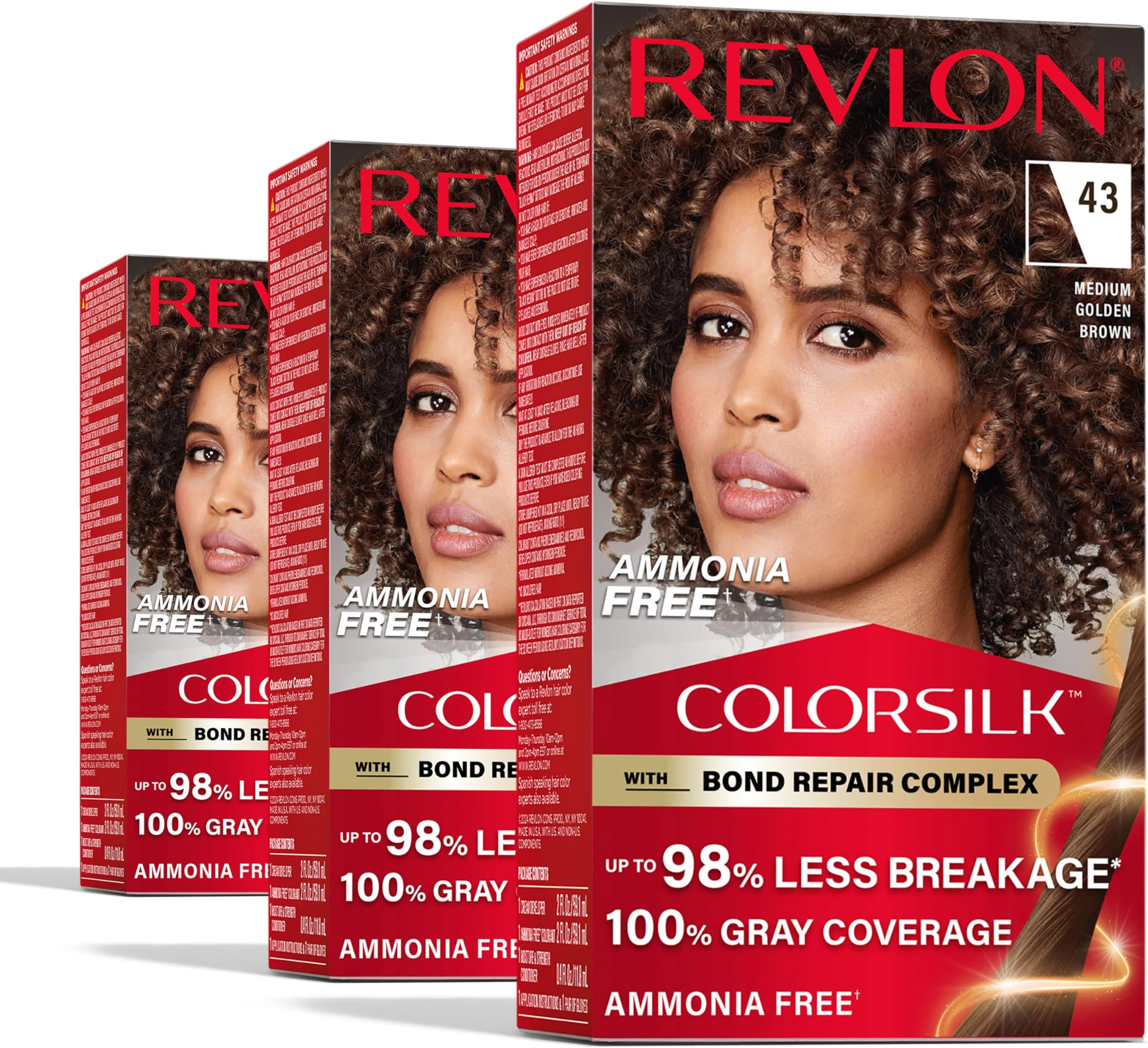 ColorSilk with Bond Repair Complex, Brown Permanent Hair Color, 100% Gray Coverage, Ammonia Free Hair Dye, Vegan Keratin, 43 Medium Golden Brown (Pack of 3)