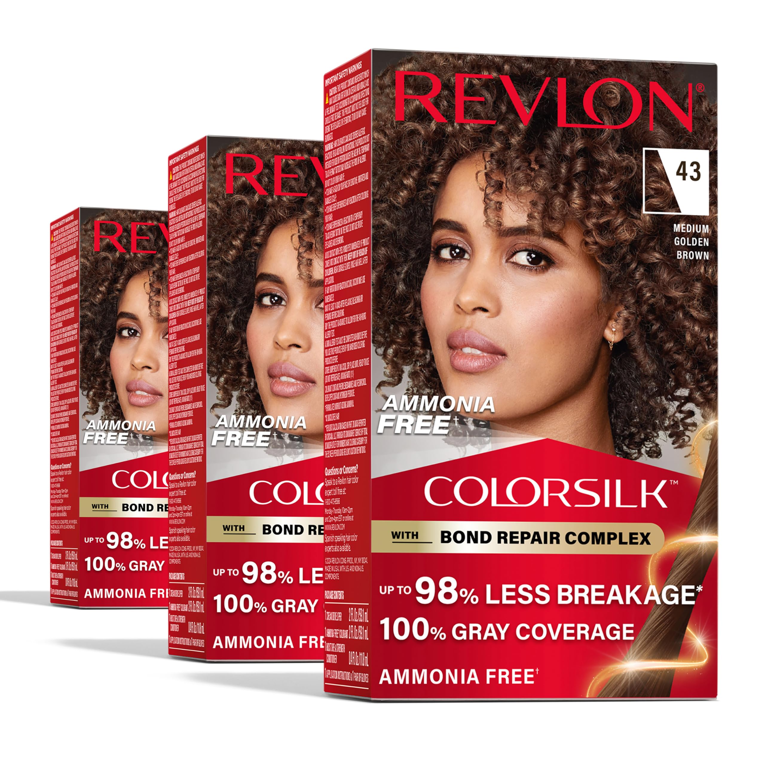 - ColorSilk with Bond Repair Complex, Brown Permanent Hair Color, 100% Gray Coverage, Ammonia Free Hair Dye, Vegan Keratin, 43 Medium Golden Brown (Pack of 3)