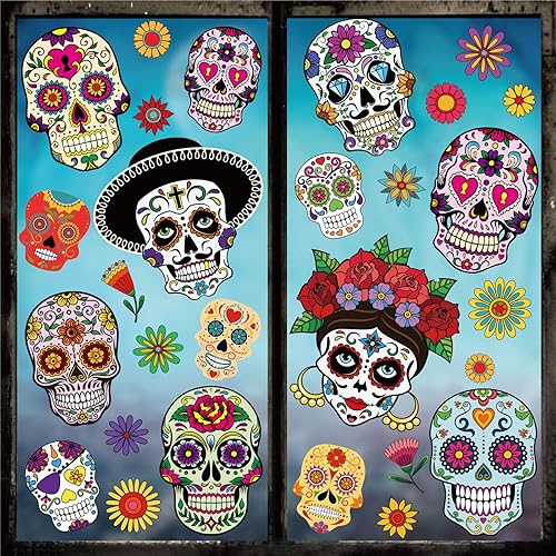 Whaline 9 hojas de calcomanías para ventana con diseño de calavera de azúcar de doble cara para Halloween, patrones de flores coloridas, calcomanías