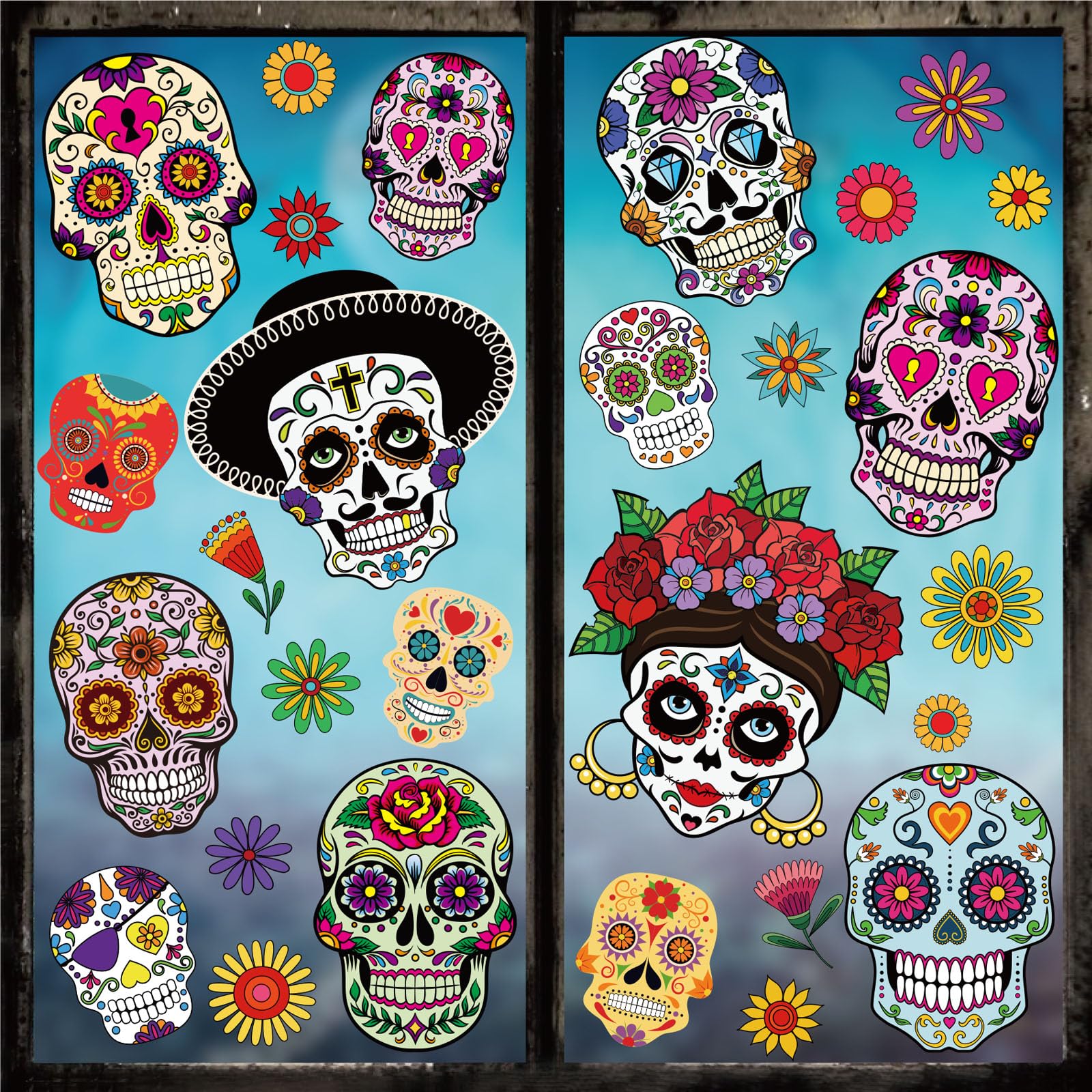 Whaline 9 Sheets Day of The Dead Window Clings Halloween Double-Sided Sugar Skull Design Window Stickers Colorful Flower Patterns Window Decals for Mexican Haunted House School Office