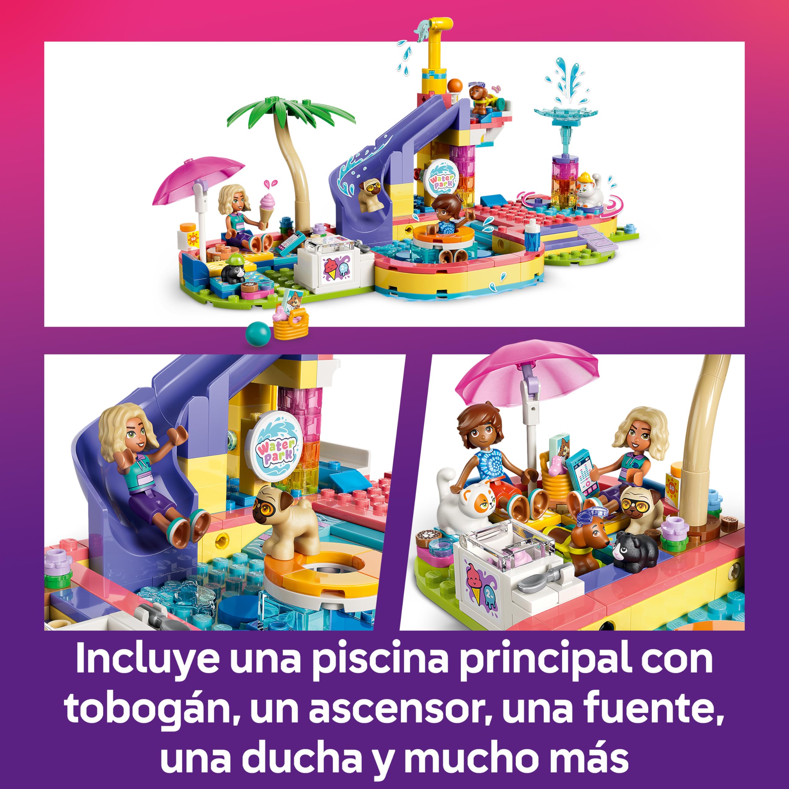 LEGO Friends Día Divertido en el Parque Acuático – Juguete en Miniatura con Tobogán, 2 Mini Muñecos, 4 Figuras de Animales y Accesorios de Mascotas – Regalo de Cumpleaños para Niñas de 6+ Años – 42676