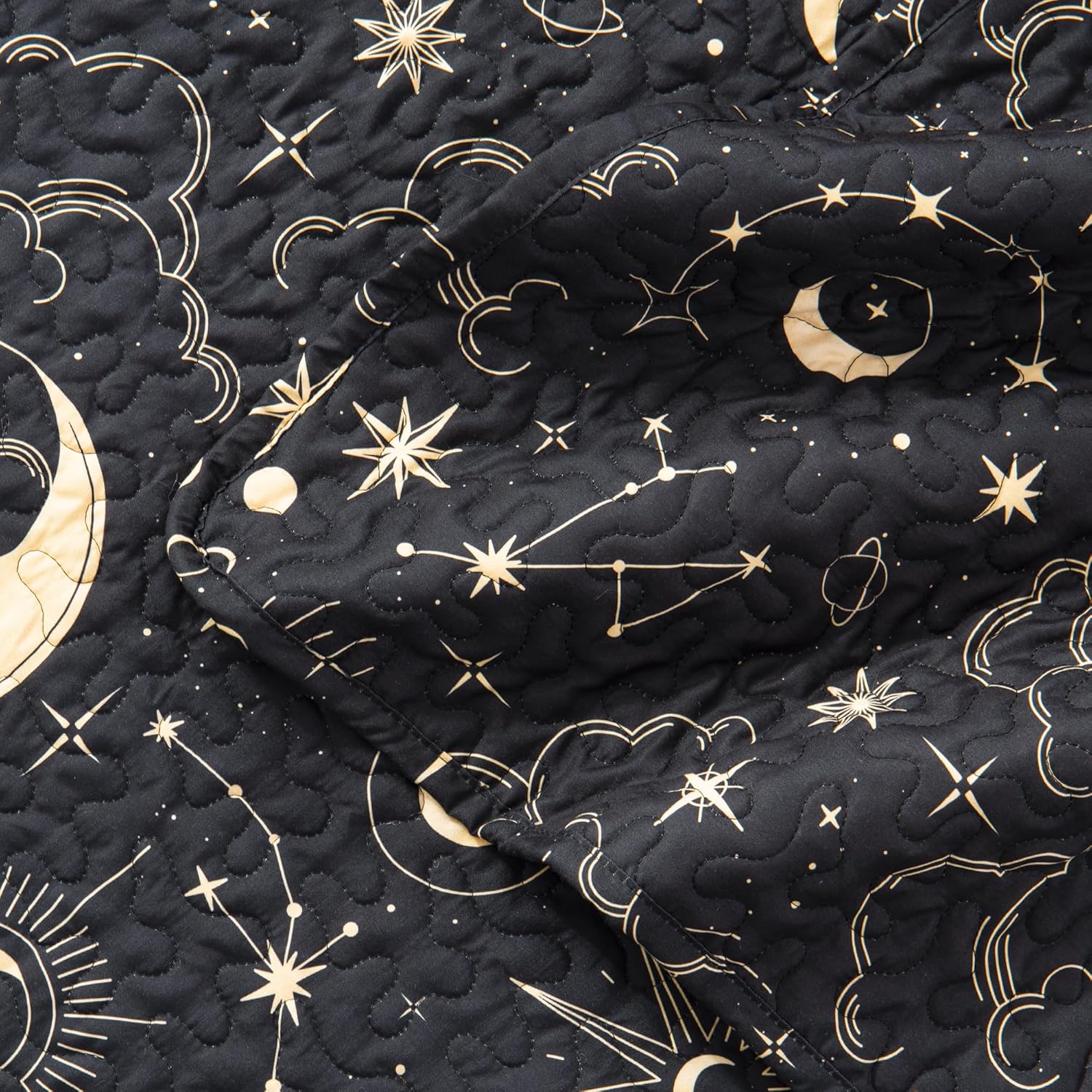 EXQ Home Quilt Set Full Queen Size Black Print 3 Piece,Lightweight Soft Coverlet Modern Style Sun Starry Pattern Bedspread Set(1 Quilt,2 Pillow Shams)