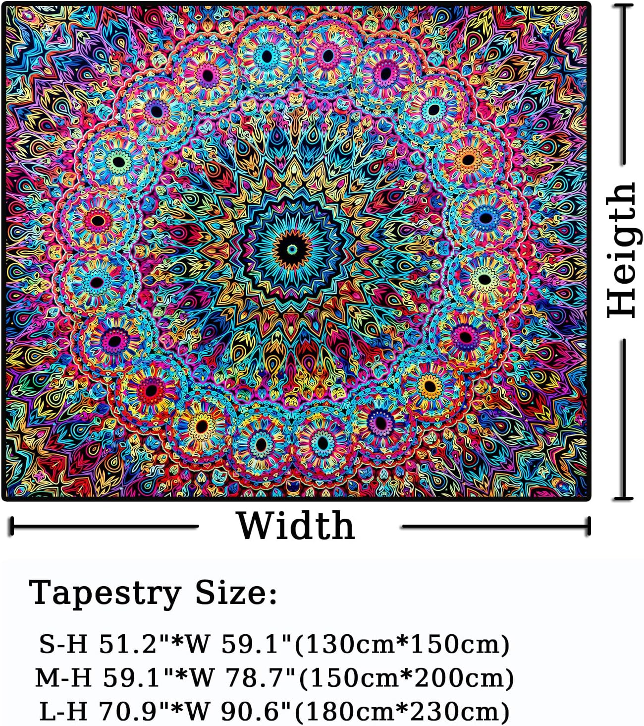 PRRPRR Blacklight Mandala Tapestry for Bedroom, UV Reactive Trippy Wal Tapestries, Bohemian Aesthetic Wall Art Decor for Adults Teens and Hippies (Mandala, 90"x70")
