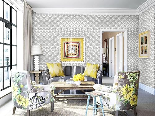 Miniatura 6 de Guvana Papel tapiz autoadhesivo de 17.32 x 197 pulgadas, papel de contacto gris y blanco, papel de contacto geométrico extraíble, papel tapiz