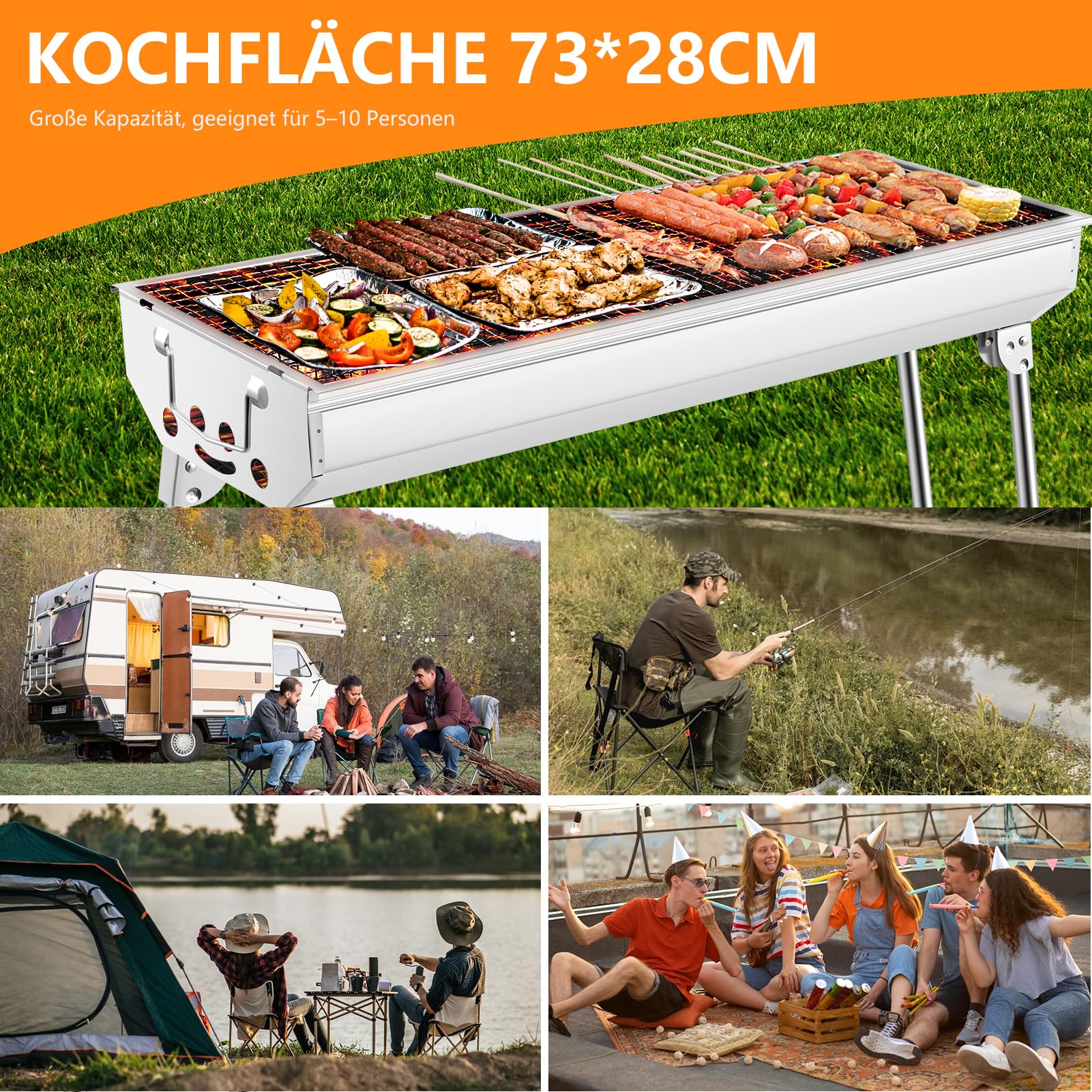Barbacoa plegable de carbón vegetal de acero inoxidable | largo 73 cm | barbacoa portátil para camping con parrilla y parrilla de carbón | barbacoa plegable portátil para jardín, balcón, picnic
