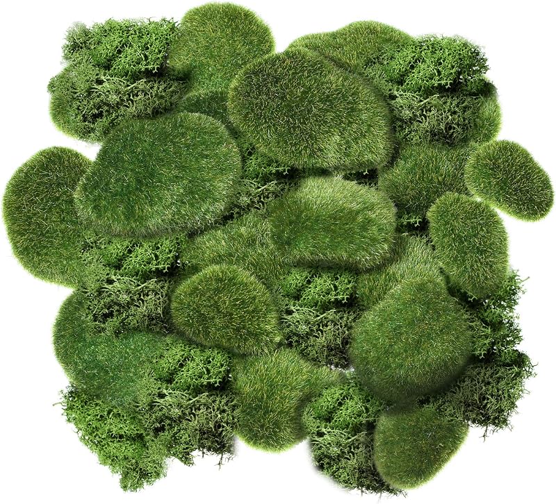 Chuangdi 40 Pcs Artificial Moss Rock Assorted Sized Decorative Faux Green Stones Green Moss Balls Decor for Floral Arrangements and Crafting Gardens