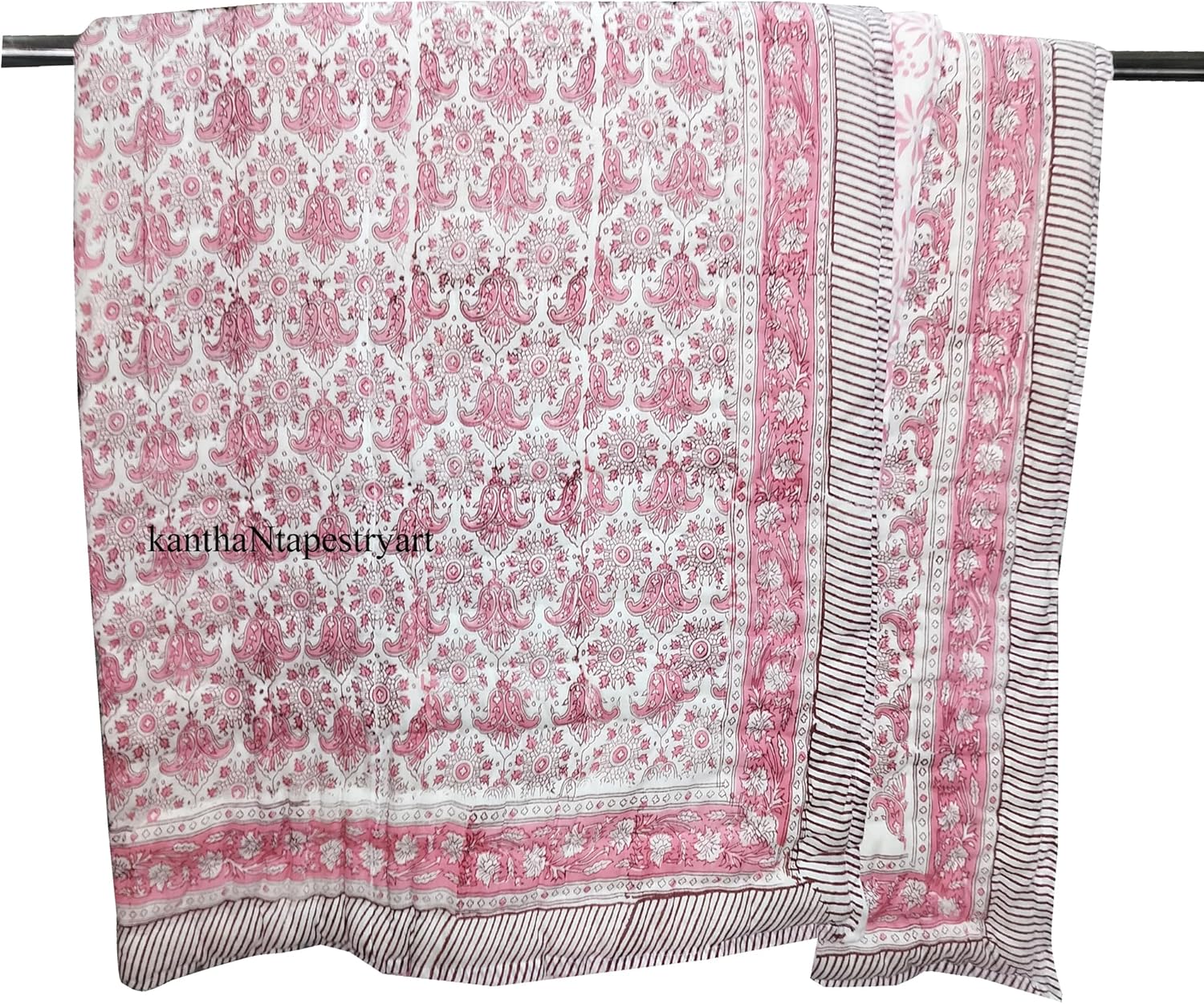 Generic kanthaNtapestryart Hand Block Print Reversiable Quilt Jaipuri Razai Blanket Throw TraditionalHandmade Light Weight Quilt Twin/King/California US (Twin Size 60x90 Inch), Pink