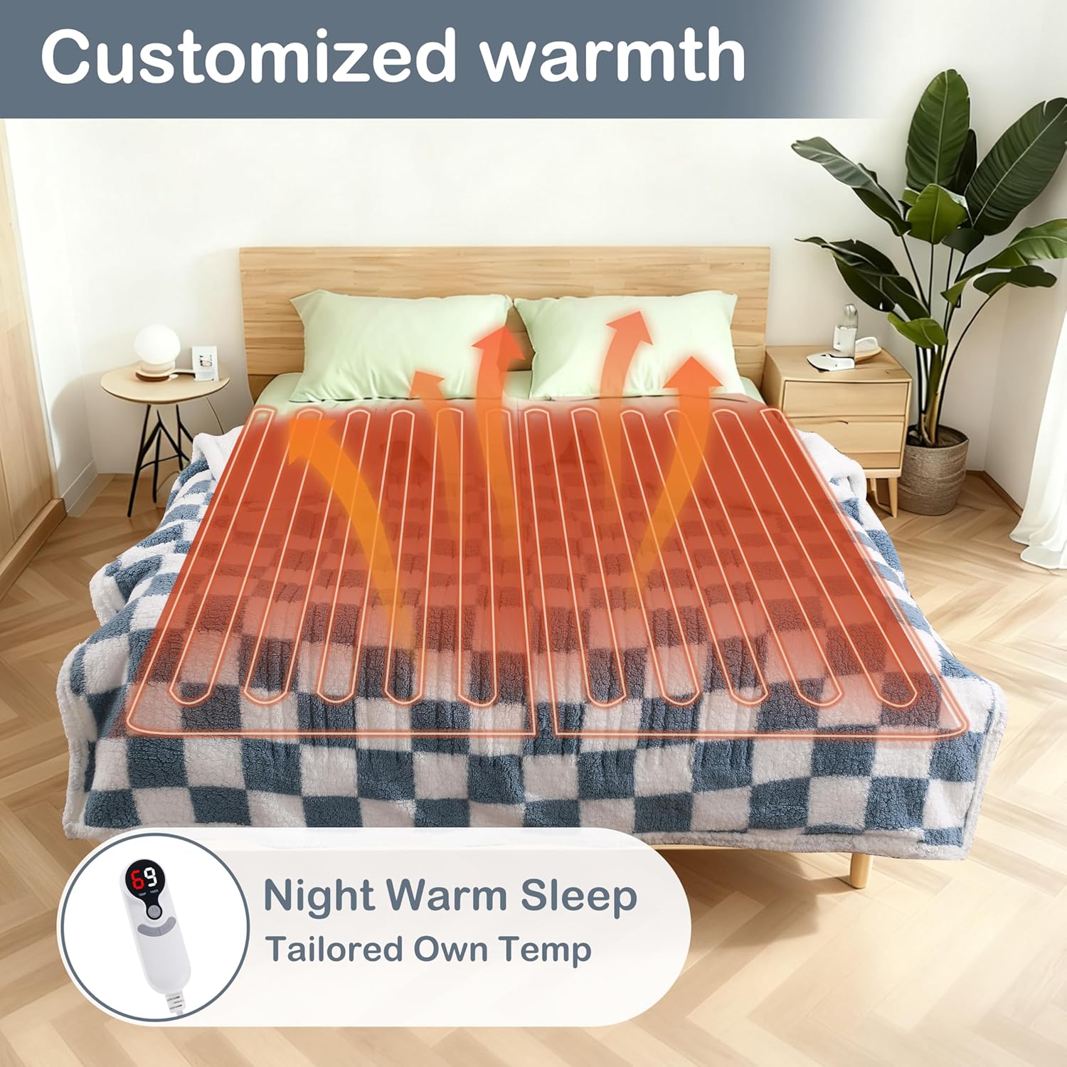 Electric Heated Blanket Full Size 72"×84" with 9 Heating Levels & 1-10Hs Auto Off, Checkered Plaid Double Sided Sherpa, Energy Efficient, Machine Washable, for Couch & Bed, Light Blue - Image 4