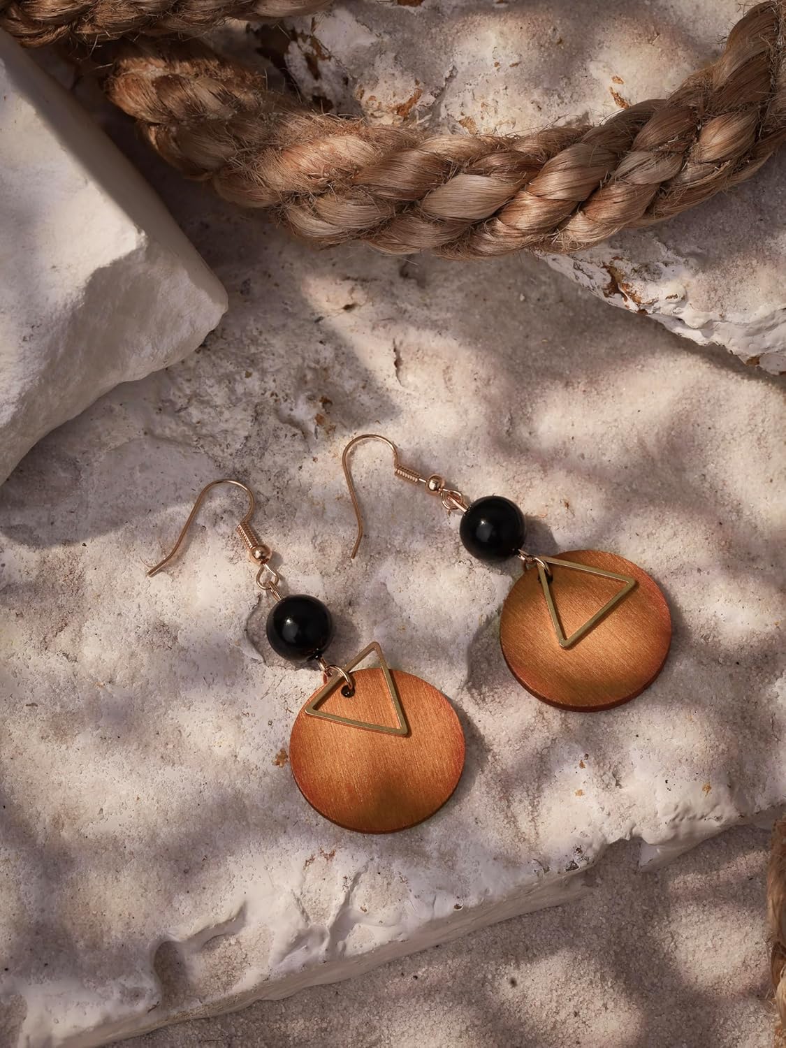 MINACHI Vintage Bohemian Wooden Disc Geometric Triangle Black Bead Dangle Drop Earrings, Boho Summer Jewelry Gift for Women - Image 2