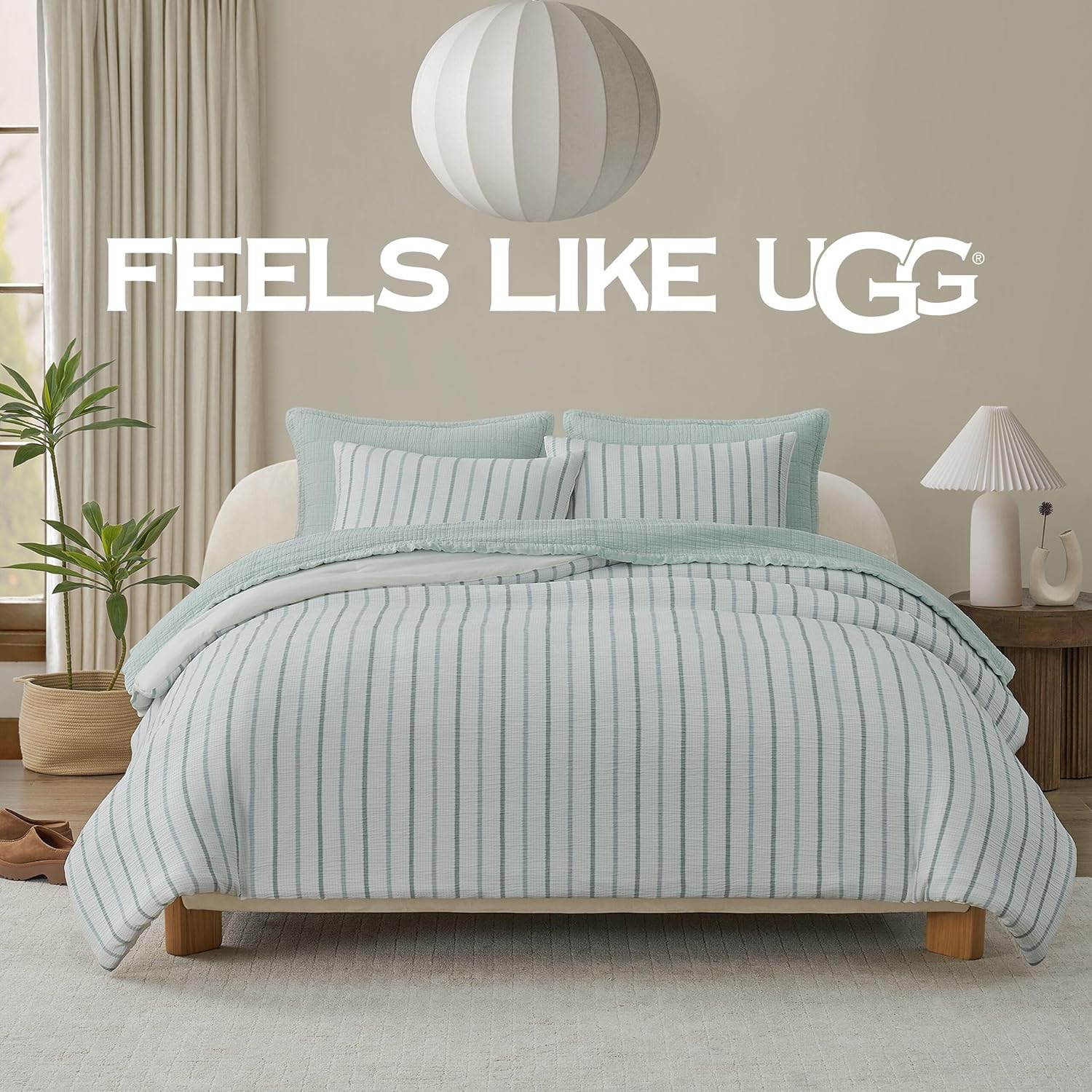 UGG Full/Queen Comforter Set – 3 Piece Luxury Bedding Set, Soft Down Alternative Comforter & Shams, Sea Green Striped Bed Set, Cozy All Season Bed Set (Alamitos)