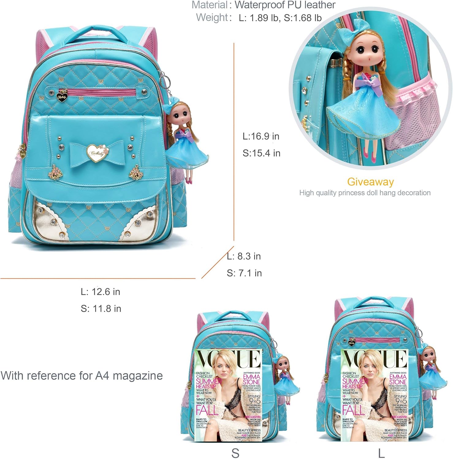 AO ALI VICTORY Backpack for Girls, Waterproof Kids Backpacks School Bag Toddler Bookbags Cute Travel Daypack (Large, A-Blue) - Image 6