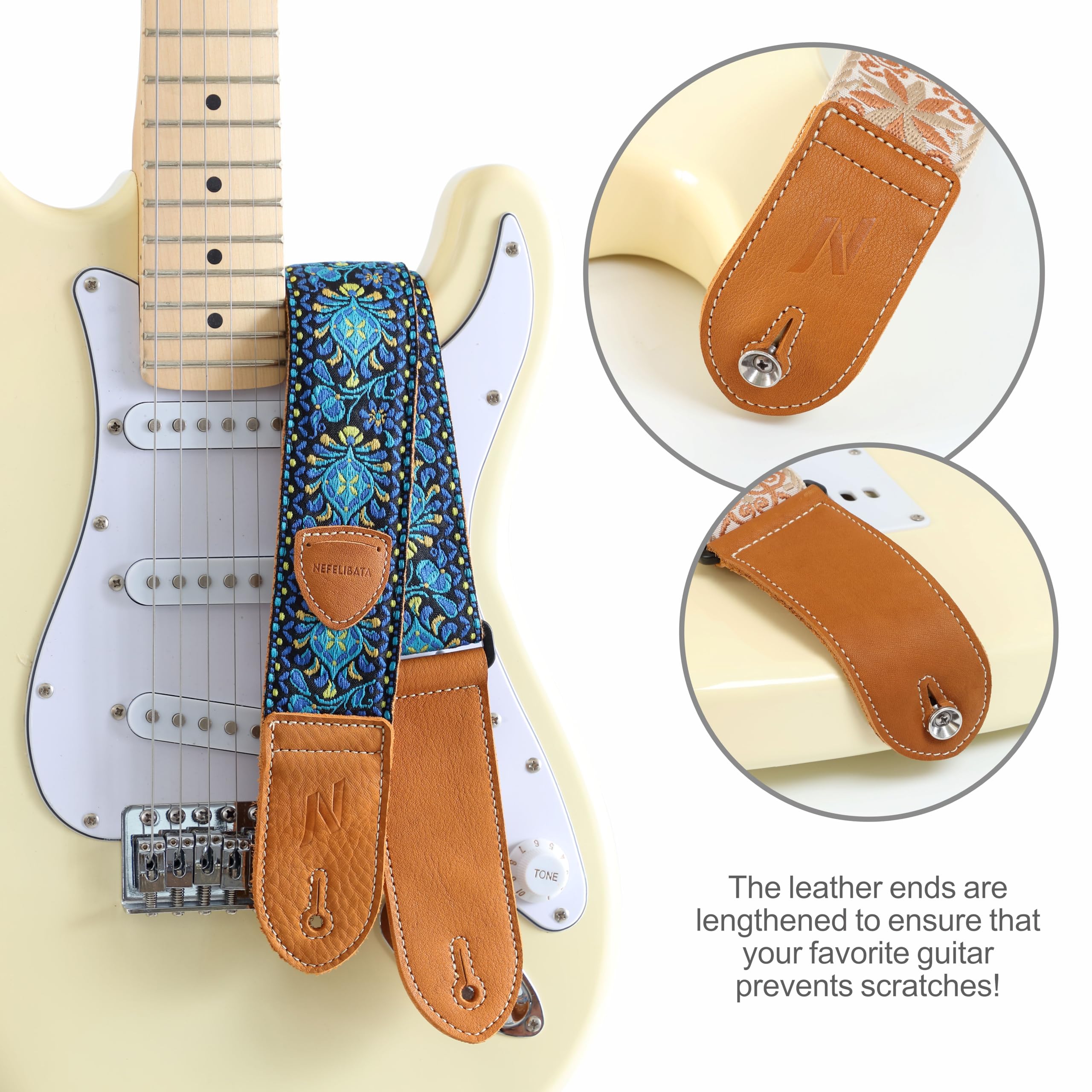 Nefelibata Sangle de guitare, double extrémités en cuir, tissé vintage avec 4 médiators + verrous de sangle + bouton de sangle