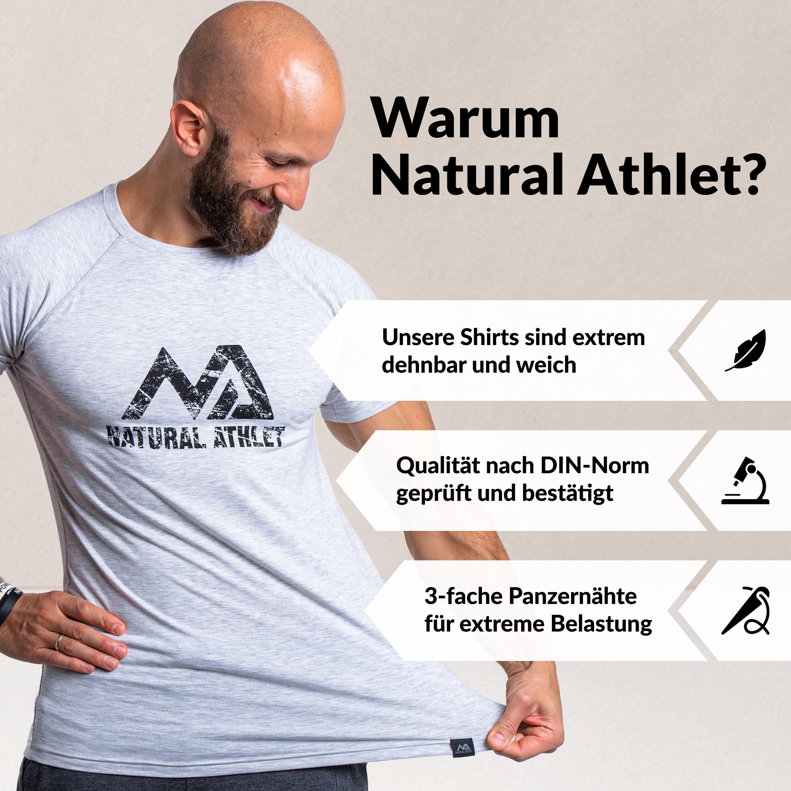 Natural Athlet Slim-Fit Fitness Tshirt für Herren – Enges & langes schnelltrocknendes Männer Kurzarm Gym T-Shirt – für Sport, Gym, Fitnessstudio, Workout, Bodybuilding und Krafttraining