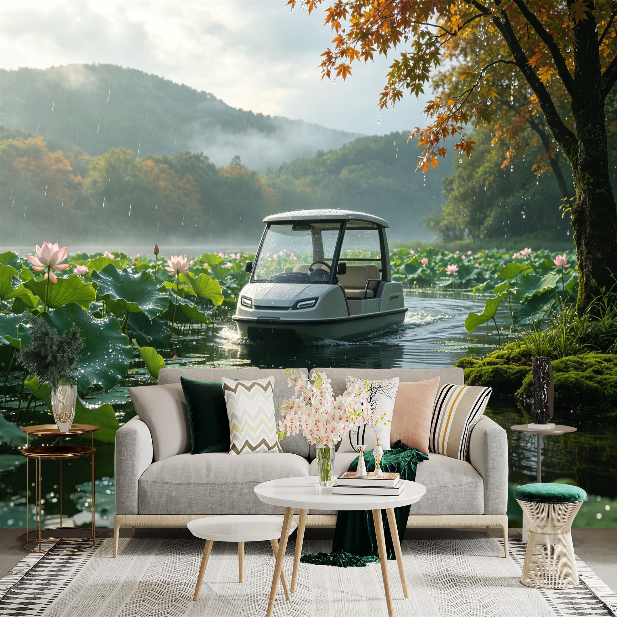 Custom Size Wall Sticker Mural， Electric Sightseeing Boat in Lotus Pond， Misty Mountains and Rain， Natural Scenic Landscape， for wall Decoration， peelandstick wall Decals.