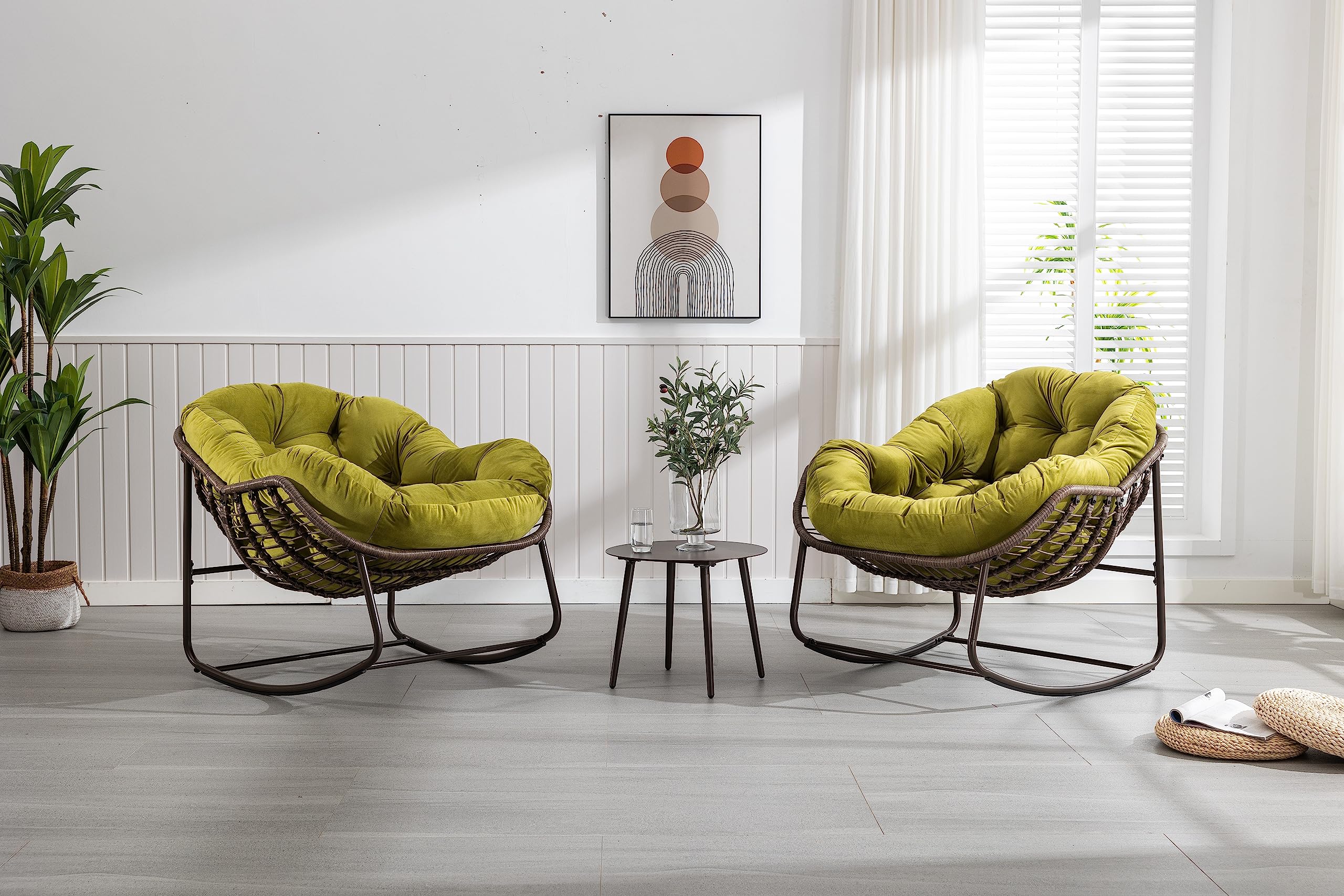 MURUL Sedia a dondolo in rattan verde oliva imbottita per esterni, con schienale, poltrona sospesa intrecciata a mano, per giardino, terrazza e balcone