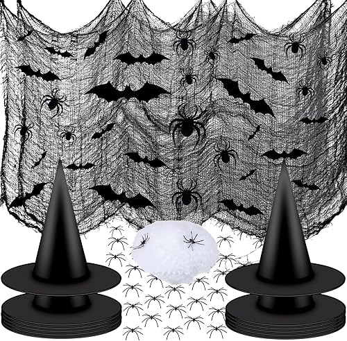 MAIAGO Kit de decoración de Halloween de 85 piezas, 12 sombreros de bruja negros, 28 murciélagos 3D, 12 arañas 3D, 30 arañas falsas, 2 piezas de