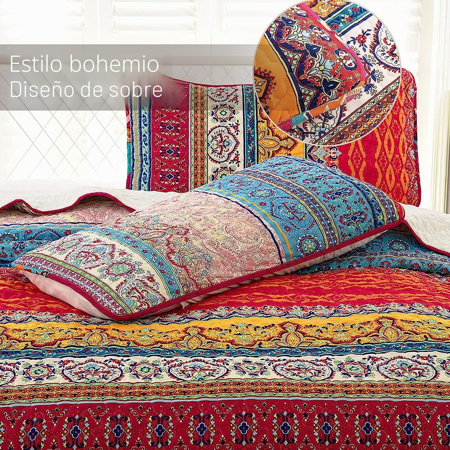 WONGS BEDDING Colcha de 200 x 220 cm, manta bohemia de 3 piezas, edredón acolchado de microfibra con 2 fundas de almohada de 50 x 75 cm para dormitorio como manta de sofá (bohemio)