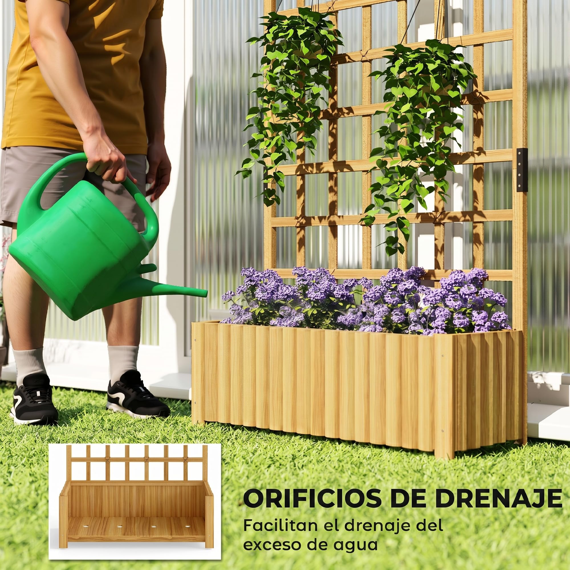 Outsunny Jardinera con Enrejado de Madera, Jardinera Exterior Grande para Plantas Trepadoras, con Ofricios de Drenaje, Macetero Elevado para Jardín, Patio, Terraza, 90x30x180 cm, Natural