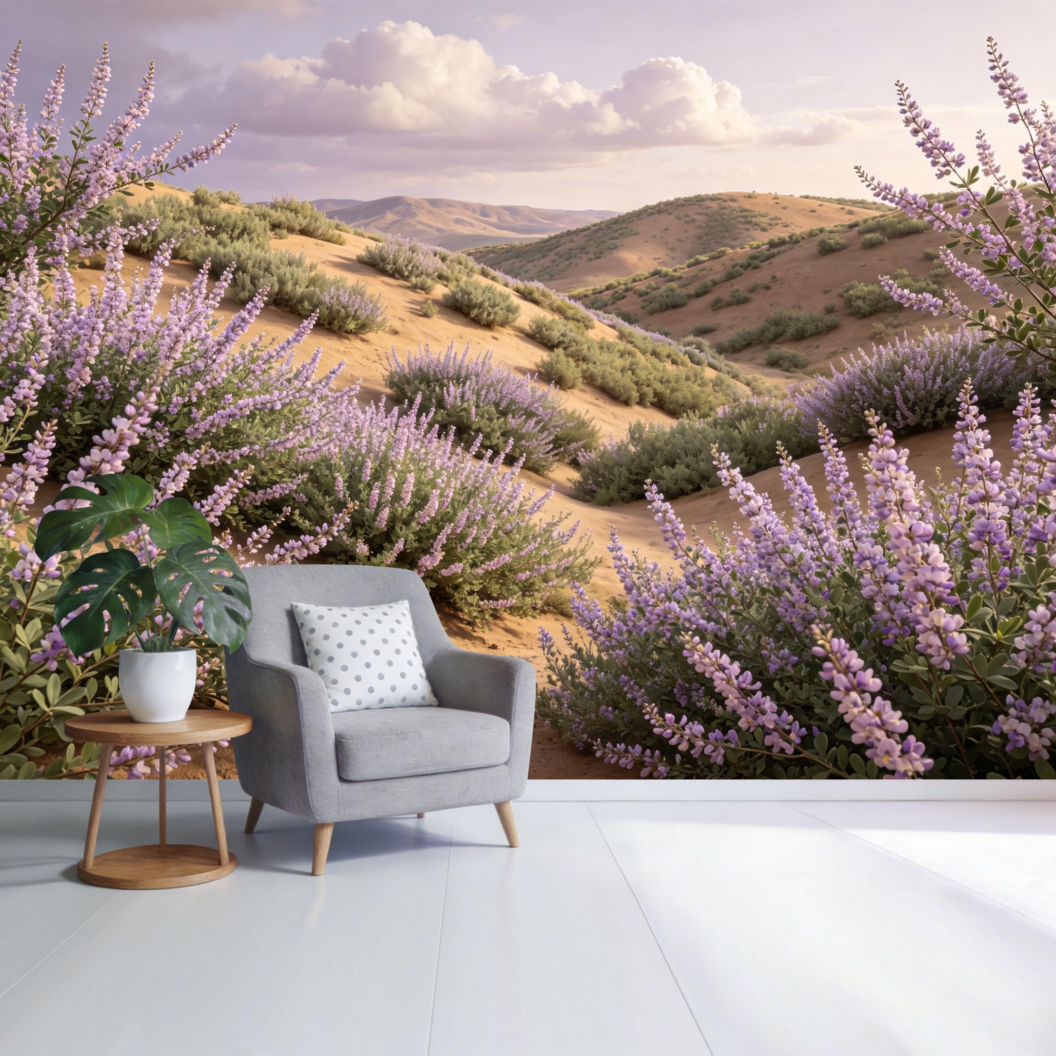 Custom Size Wall Mural Lavender Desert Landscape Purple Wildflower Bloom Mountain Valley Scenery Botanical Nature Style SelfAdhesive Wall Fabric Removable Wallpaper for Home Office Decor