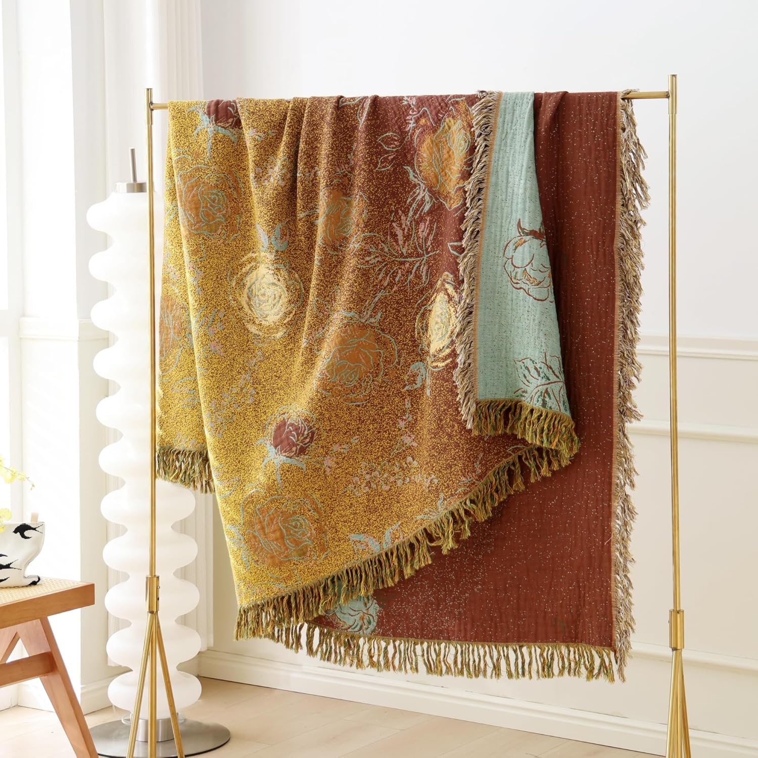 Boho Cotton Throw Blanket - Large Soft All-Season Quilt with Rustic Floral Design for Bed and Couch, Suitable for Living Room and Farmhouse Decor (Flower-Butterfly, Throw (50" x 60"))