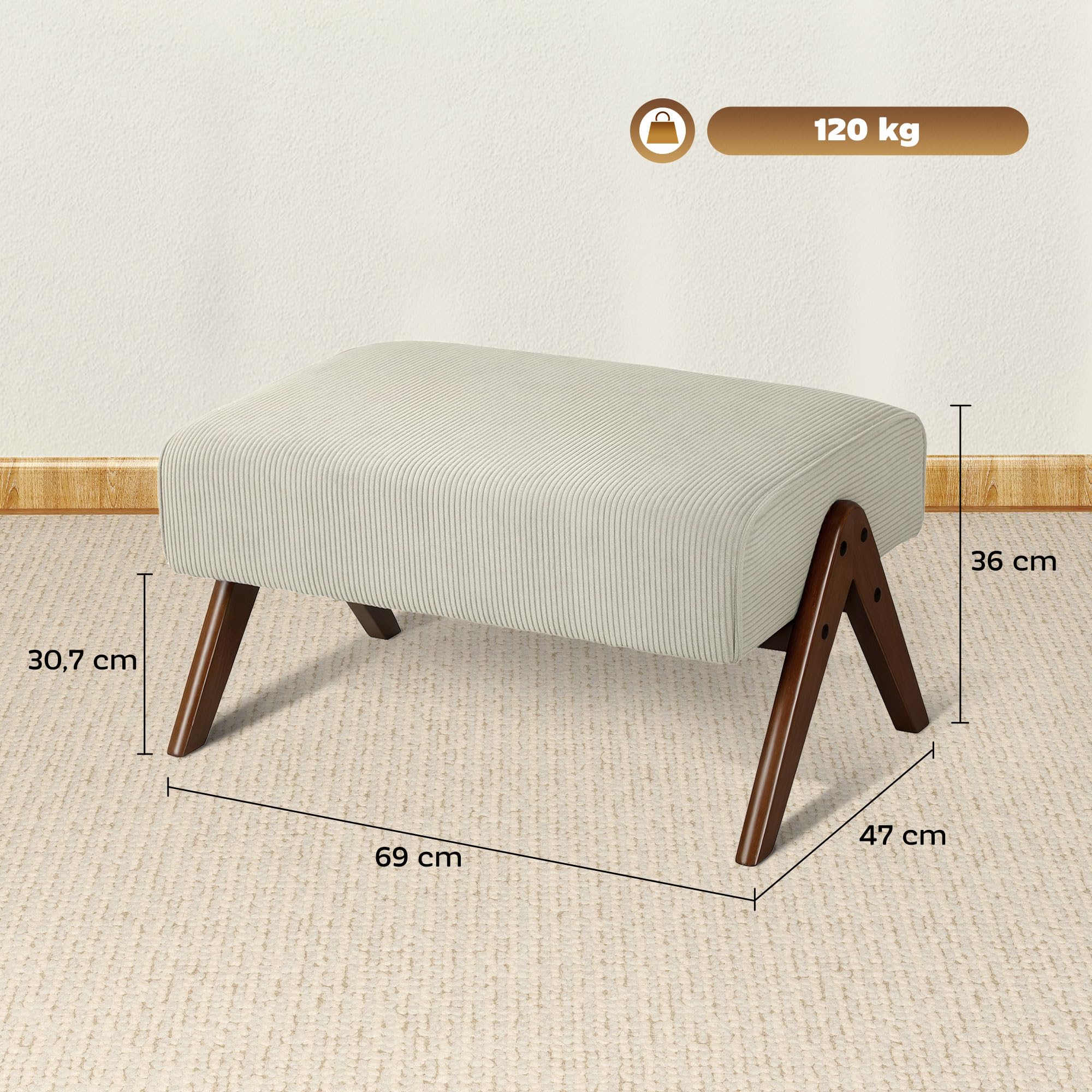 HOMCOM Reposapiés de Salón Taburete Bajo Tapizado en Pana Otomana Rectangular con Asiento Acolchado y Patas de Madera para Sala de Estar Dormitorio Beige