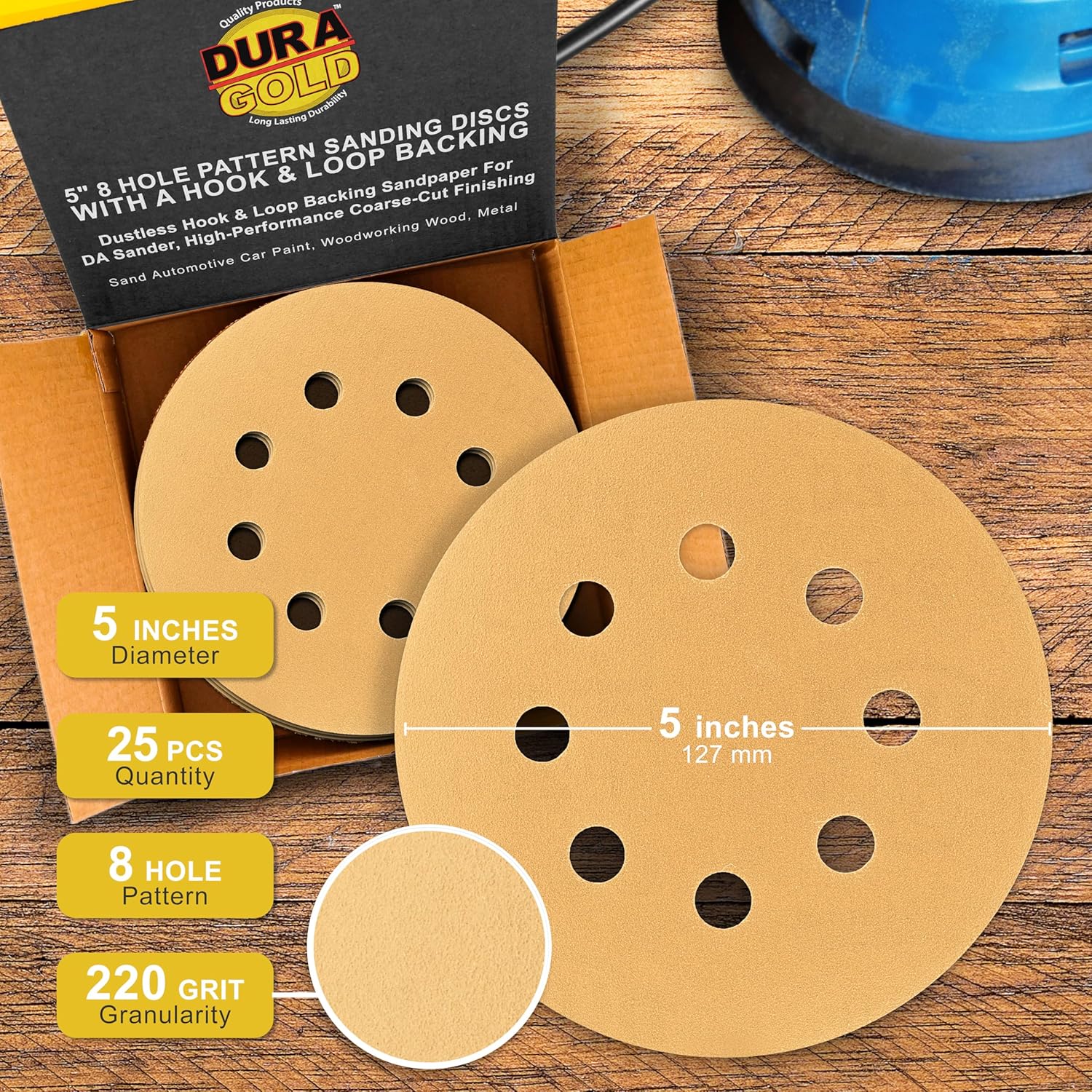 Dura-Gold Premium 220 Grit 5" Sandpaper Discs, 8 Hole Pattern Dustless, 50 Discs - Hook & Loop Backing for Orbital DA Sander, Detailing Finishing Color Sanding Automotive Paint Woodworking