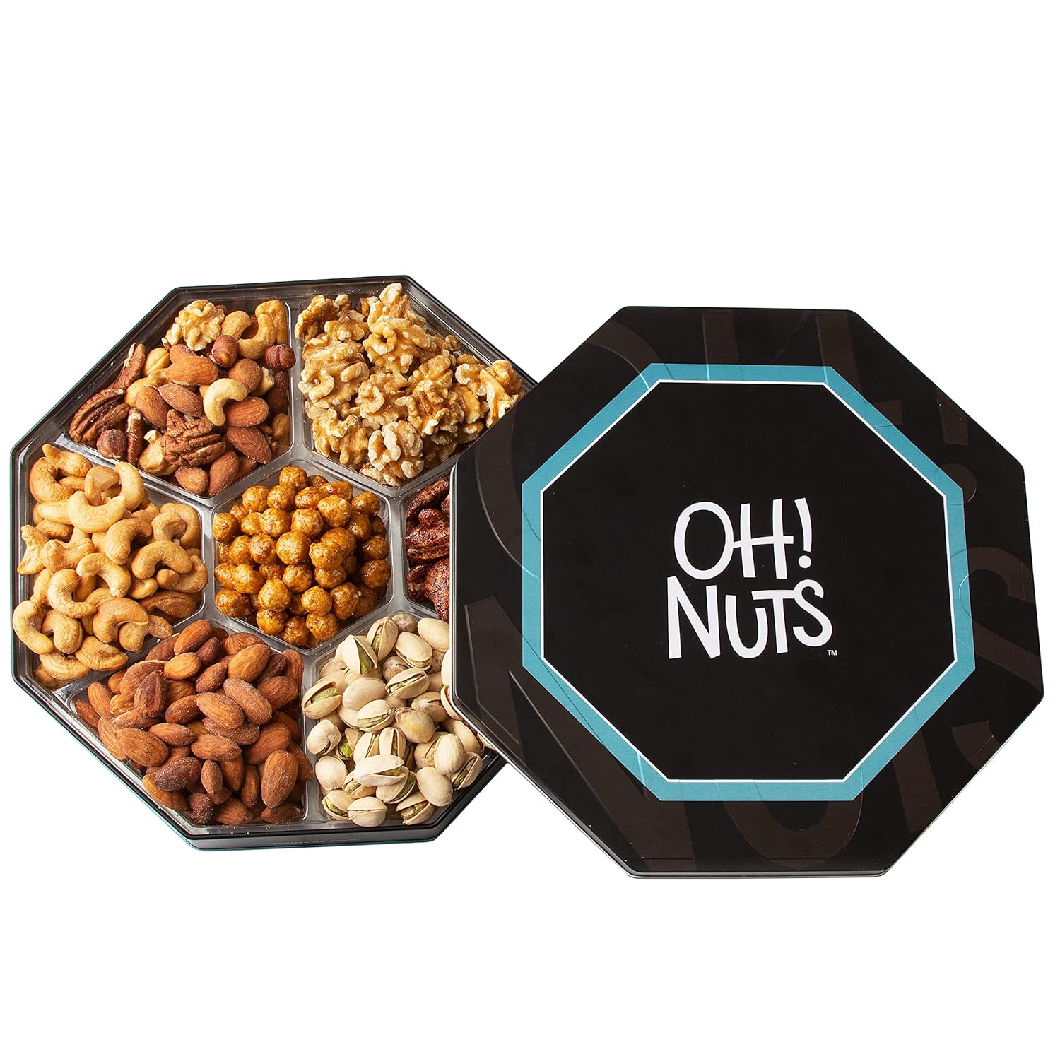 Oh! Nuts Gift Basket 7 Section Assorted Gift Tin Box - Gourmet 7 Variety Fresh Roasted Nuts - Healthy Snacks for Birthday, Anniversary, Family Party, Movie Night - for Men & Women