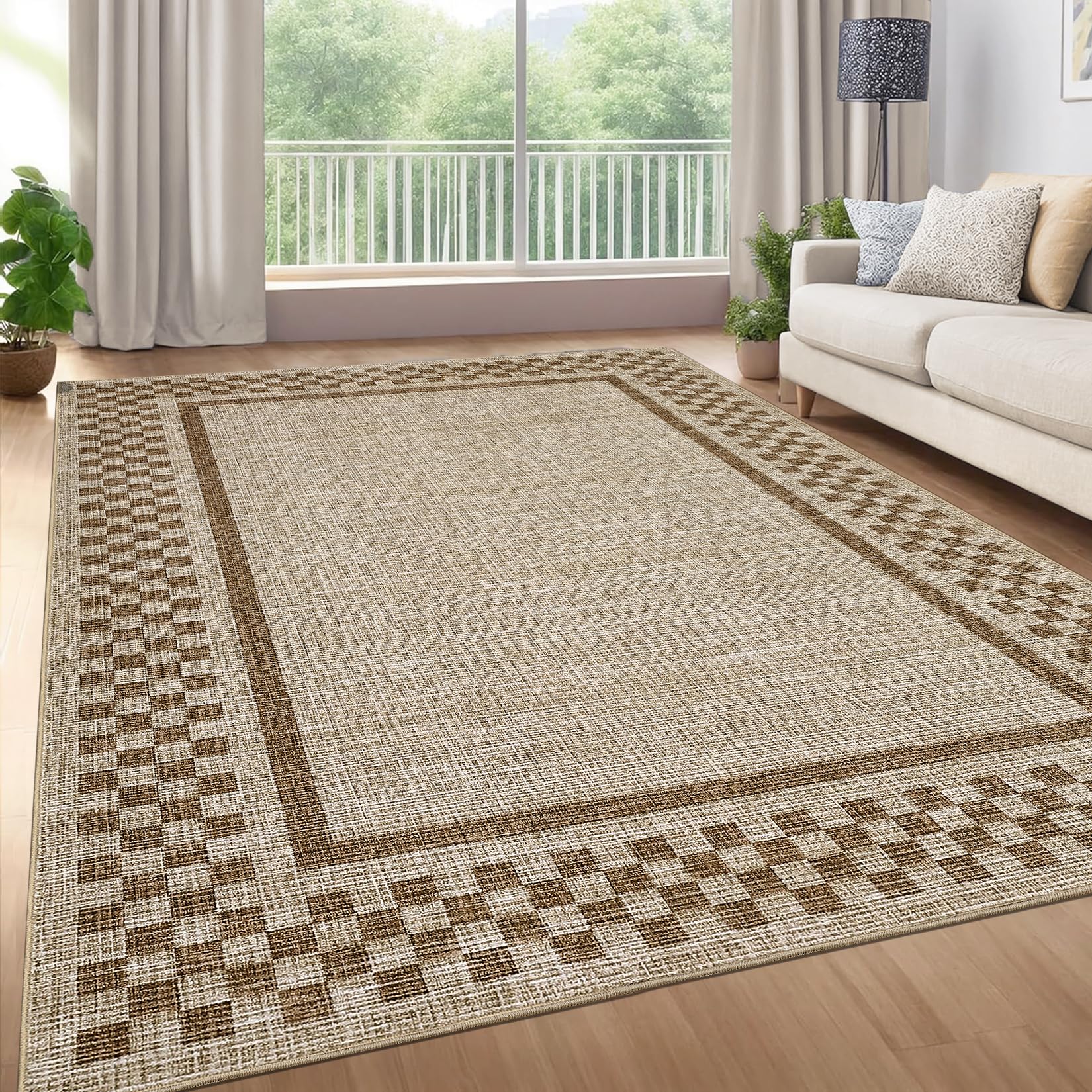 GarveeHome Modern Bordered 8x10 Area Rugs for Living Room Bedroom Soft Washable Large Bedroom Throw Carpet Non Slip Checkered Geometric Rugs for