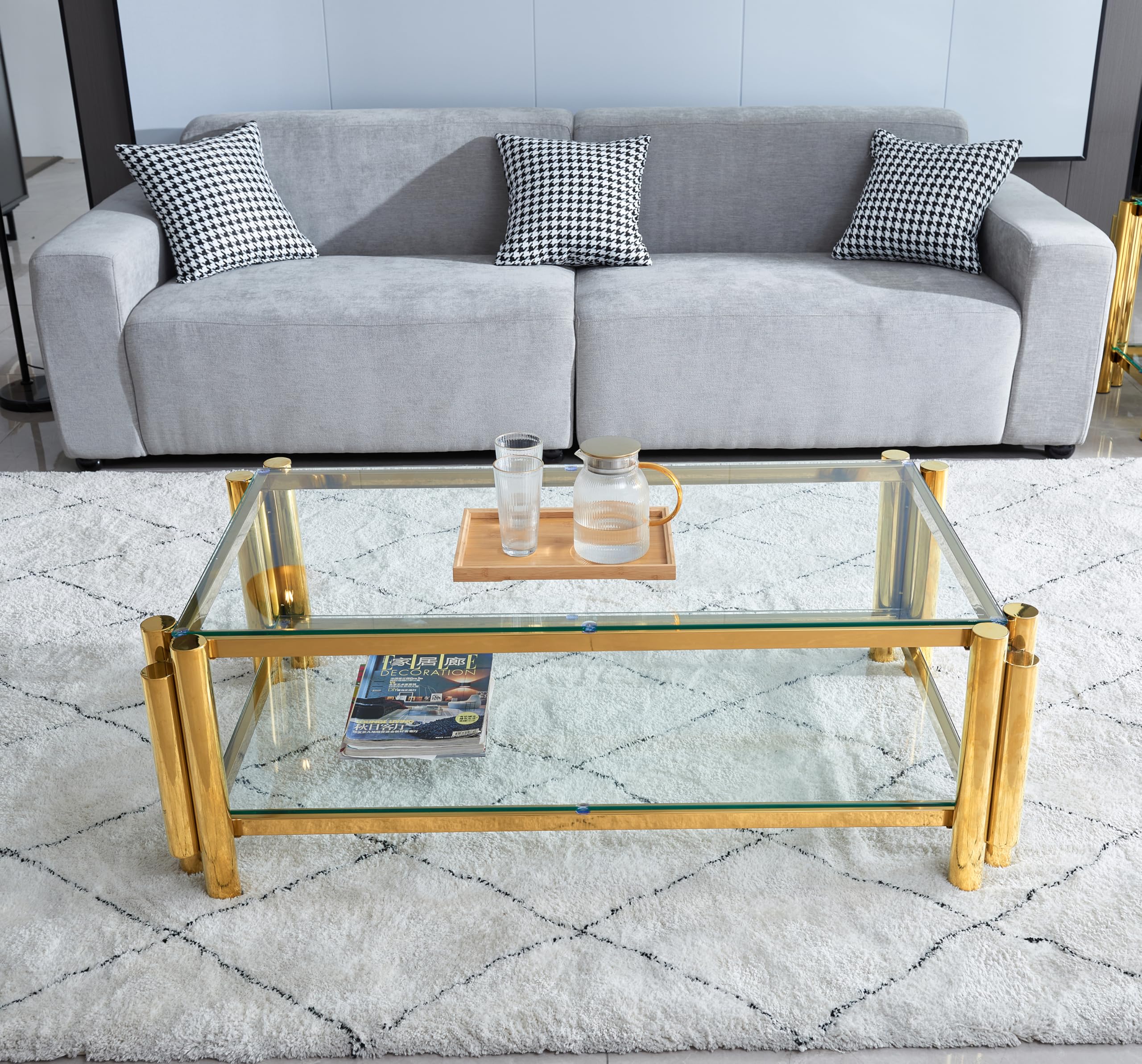 47" Modern Stainless Steel Coffee Table, Double-Layer Clear Tempered Glass Coffee Table, Center Table with Storage, for Living Room Home Office, Gold