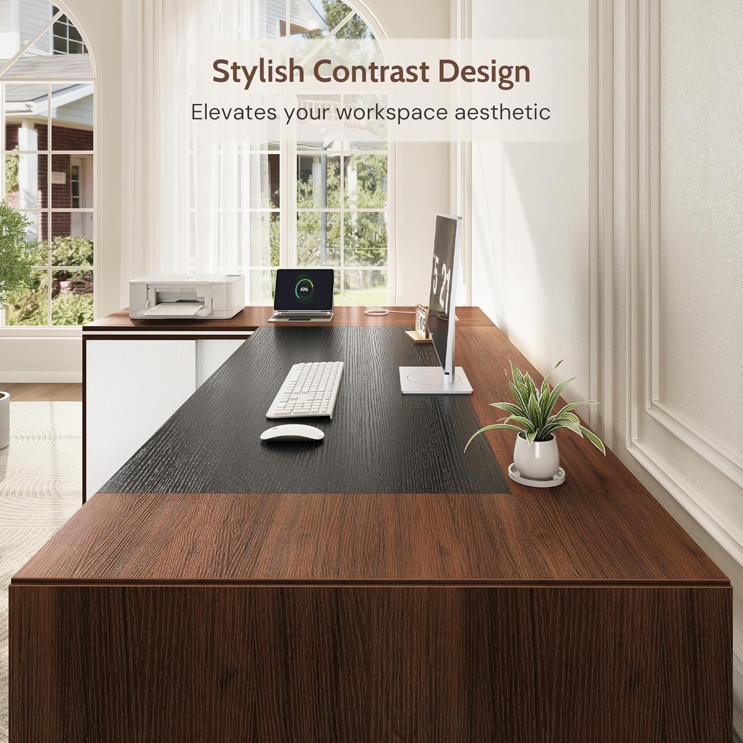 71" L-Shaped Executive Desk with Cabinet Storage, Large Office Computer Desk with Storage Shelves, Under-Desk Bookshelf, CPU Stand, Cable Management, Business Furniture Workstation (Brown)