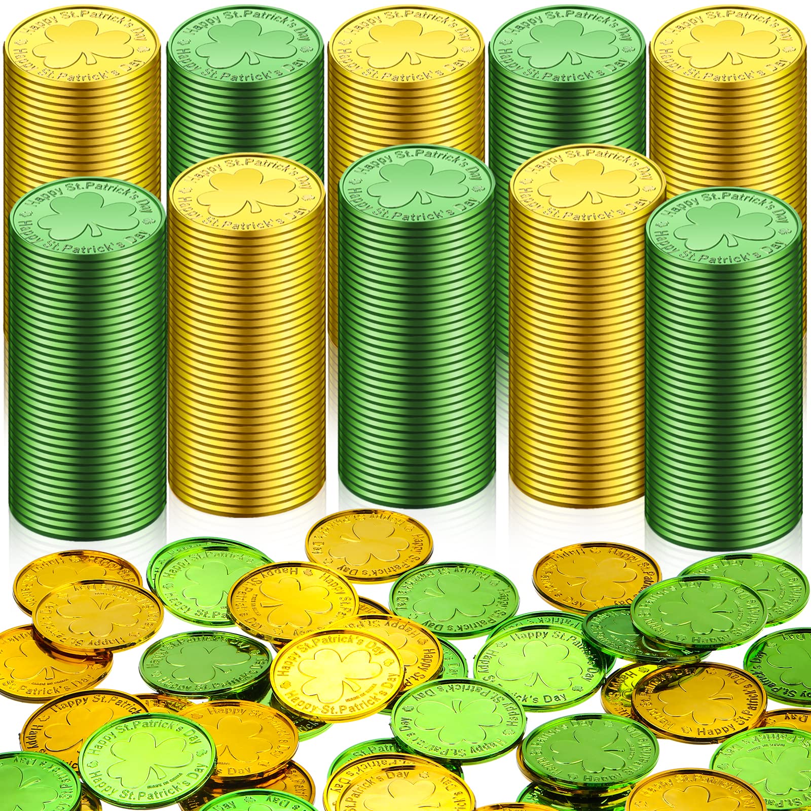 800ピース 聖パトリックの日コイン プラスチック シャムロック ゴールドコイン 幸運 聖パトリックの日コイン グリーンとゴールド 3リーフコイン  ポット用 聖パトリックの日 パーティーテーブルデコレーション