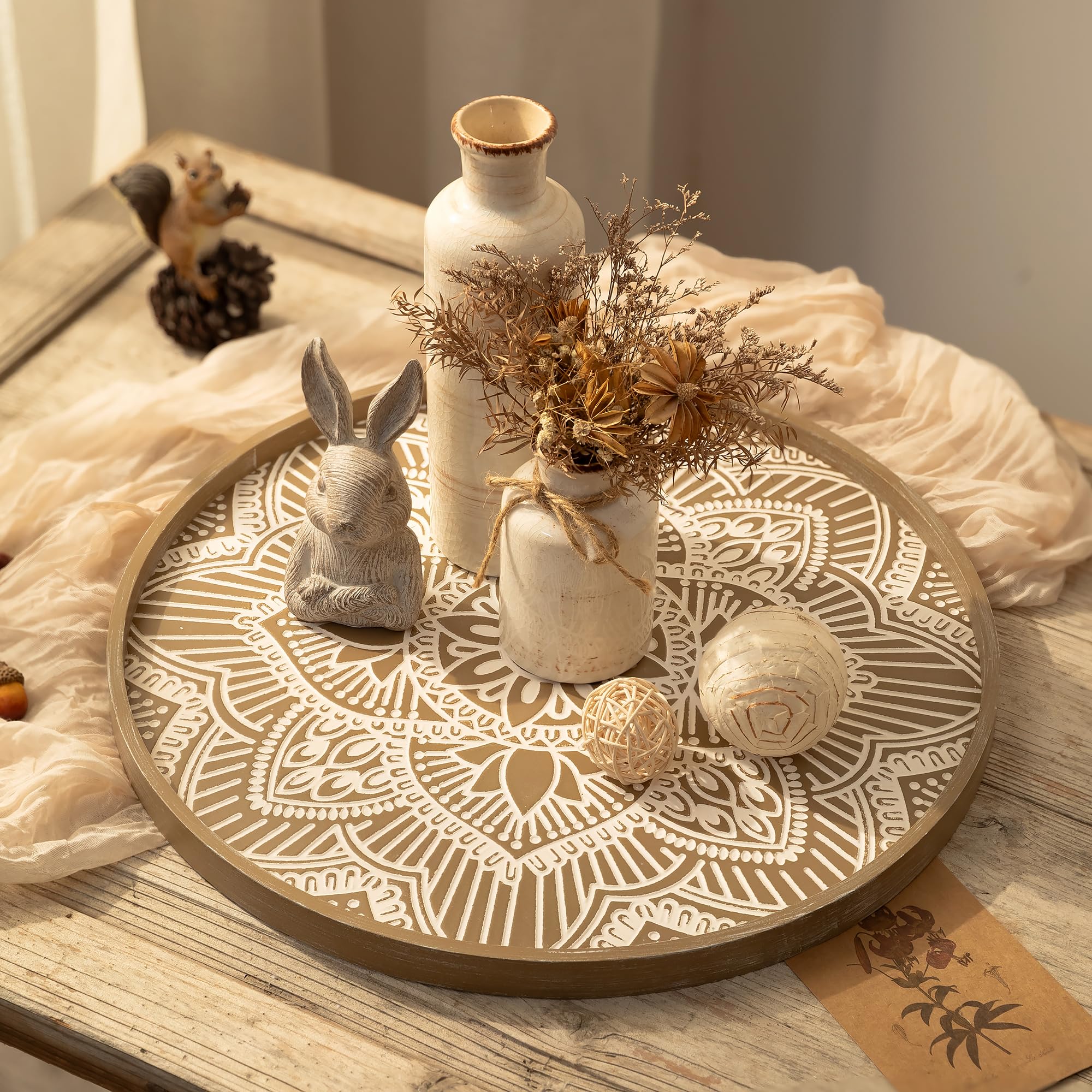 Vassoio Rotondo In Legno Naturale 40 Cm Con Manico - Portata Rustico Per Tavolo, Centrotavola Decorativo - Foto 9