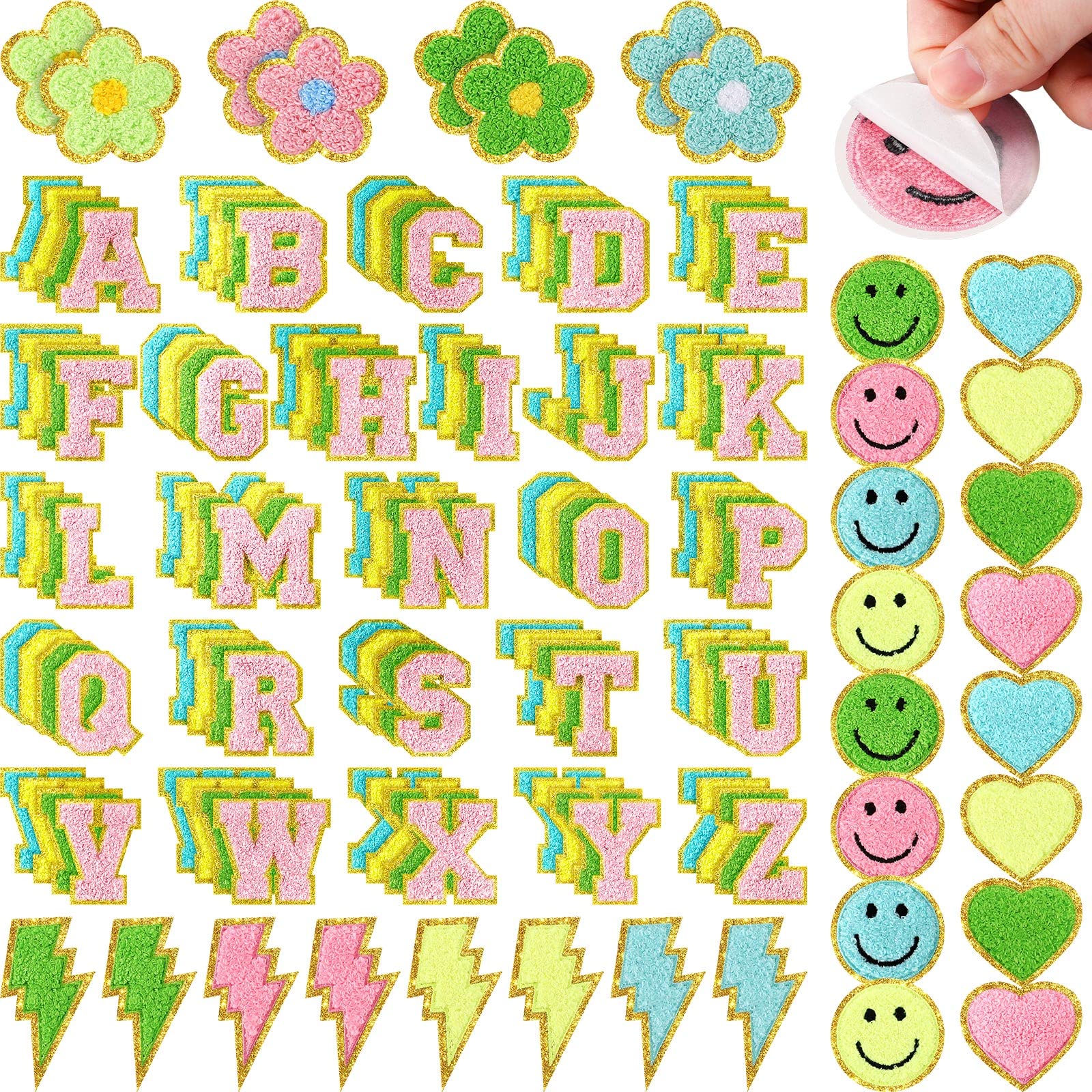 136 Pcs Chenille Iron on Patches for Clothing Letter Patches Self Adhesive Chenille Patches Cute Rainbow Smile Face Love Heart Patches for Jeans Embroidered Applique Patches (Classic Style)