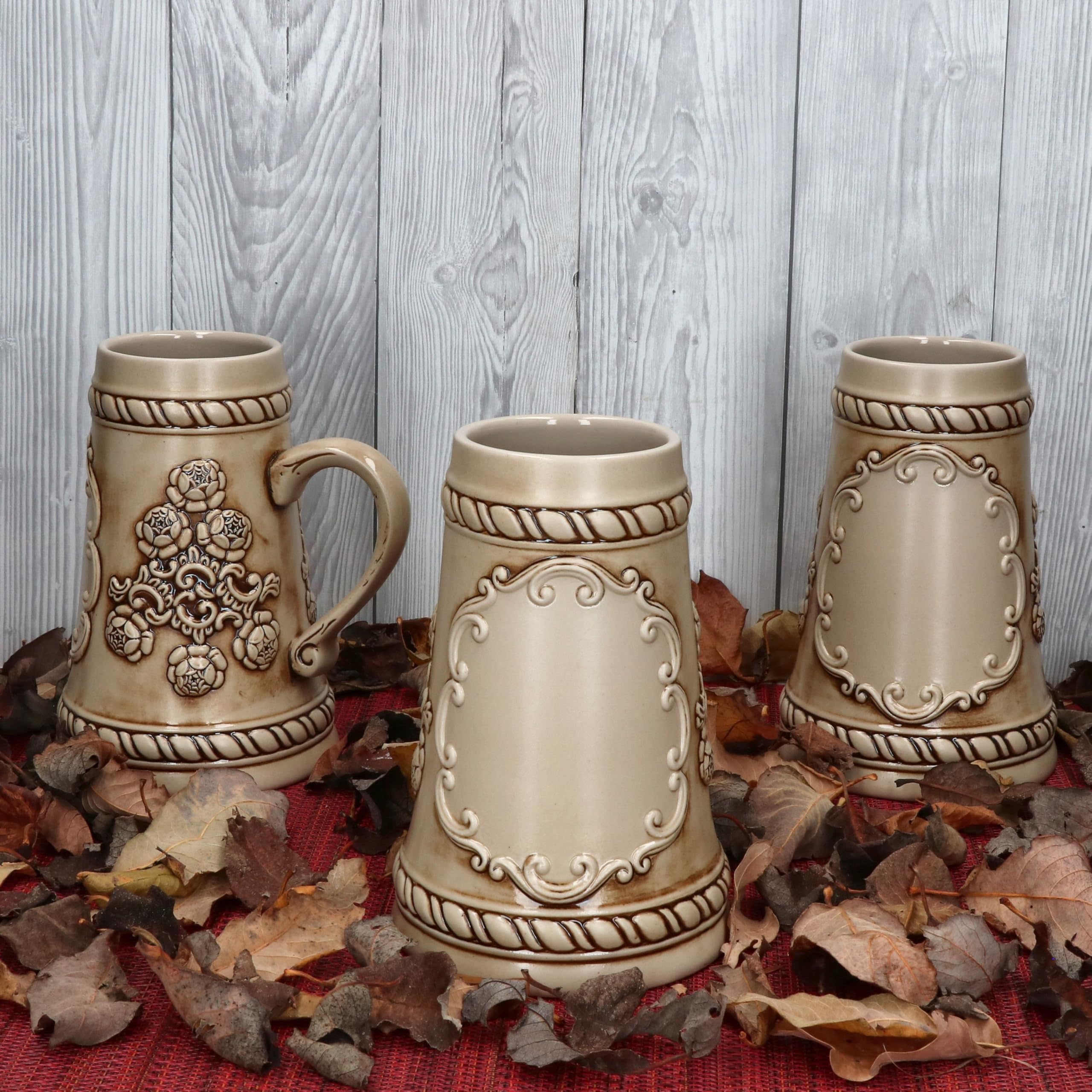 MamboCat Lot de 6 chopes à bière conique en céramique avec anse - 0,5 l - Beige/marron - Avec relief et plaque pour 6 personnes - Chope à bière au look vintage - Pour barbecue, fête de club