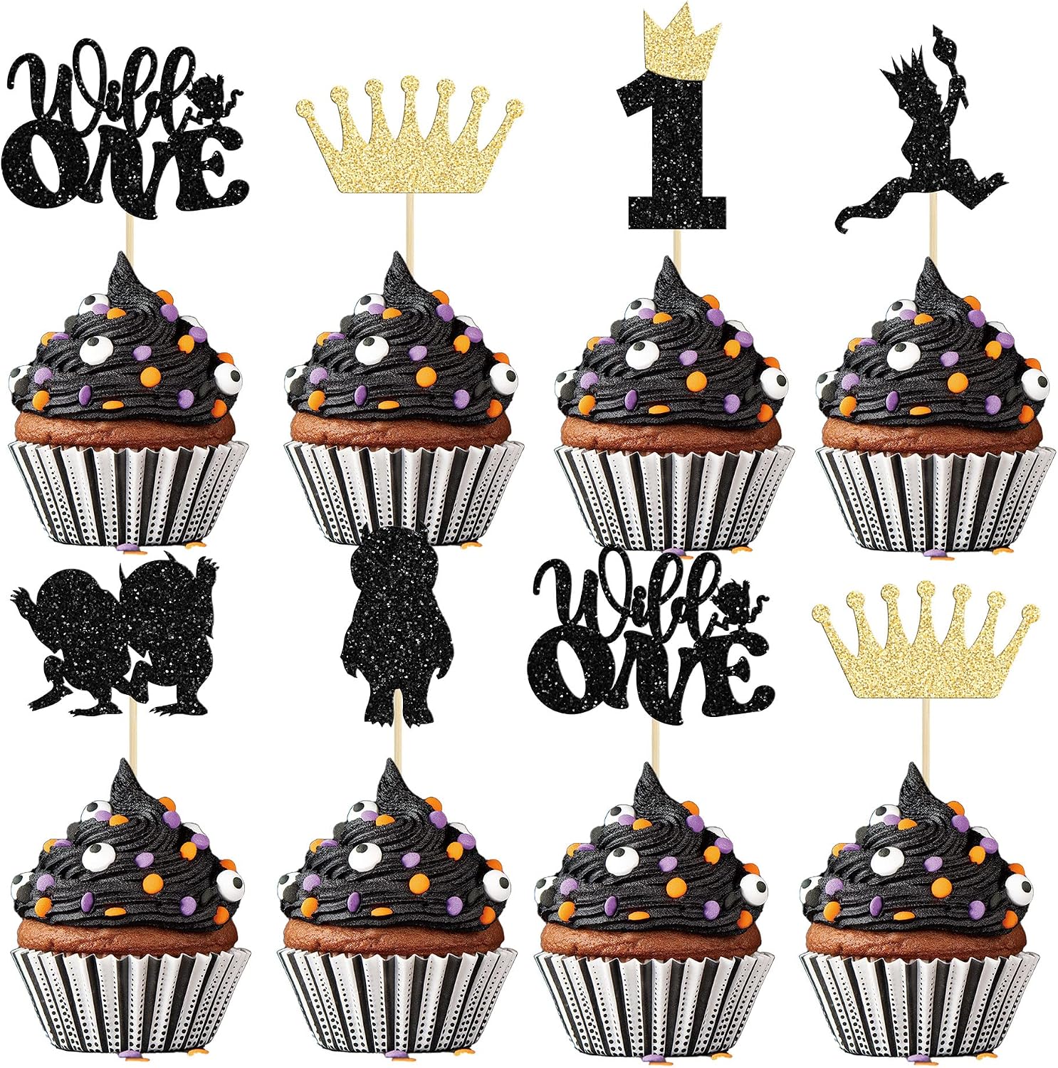 24Pcs Where The Wild Things Are Inspired Cupcake Toppers Glitter Crown Wild One Cupcake Picks for Baby Shower Kids 1st Birthday Party Cake Decorations Supplies Colorful