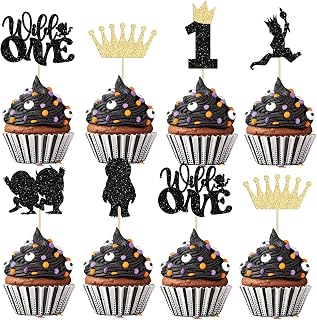 24Pcs Where The Wild Things Are Inspired Cupcake Toppers Glitter Crown Wild One Cupcake Picks for Baby Shower Kids 1st Birthday Party Cake Decorations Supplies Colorful
