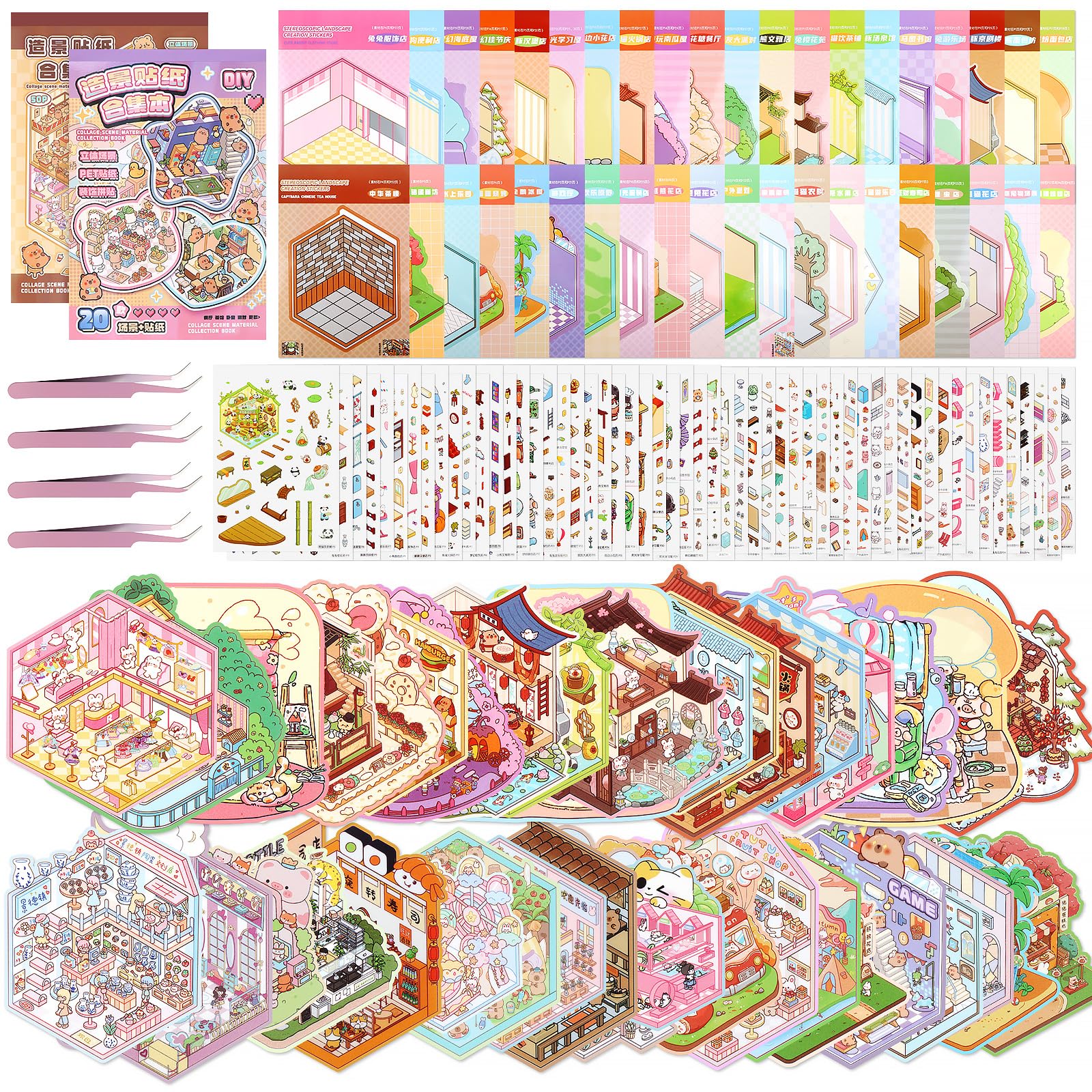 40 Sets DIY 3D House Stickers Kit with 56 PET Stickers, 40 Miniature Cabins, 4 Tweezers, 3D Miniature Scene Therapy, Stress Relief Sticker Scenes Creative & Reusable DIY Sticker Therapy Kit for Age 3+