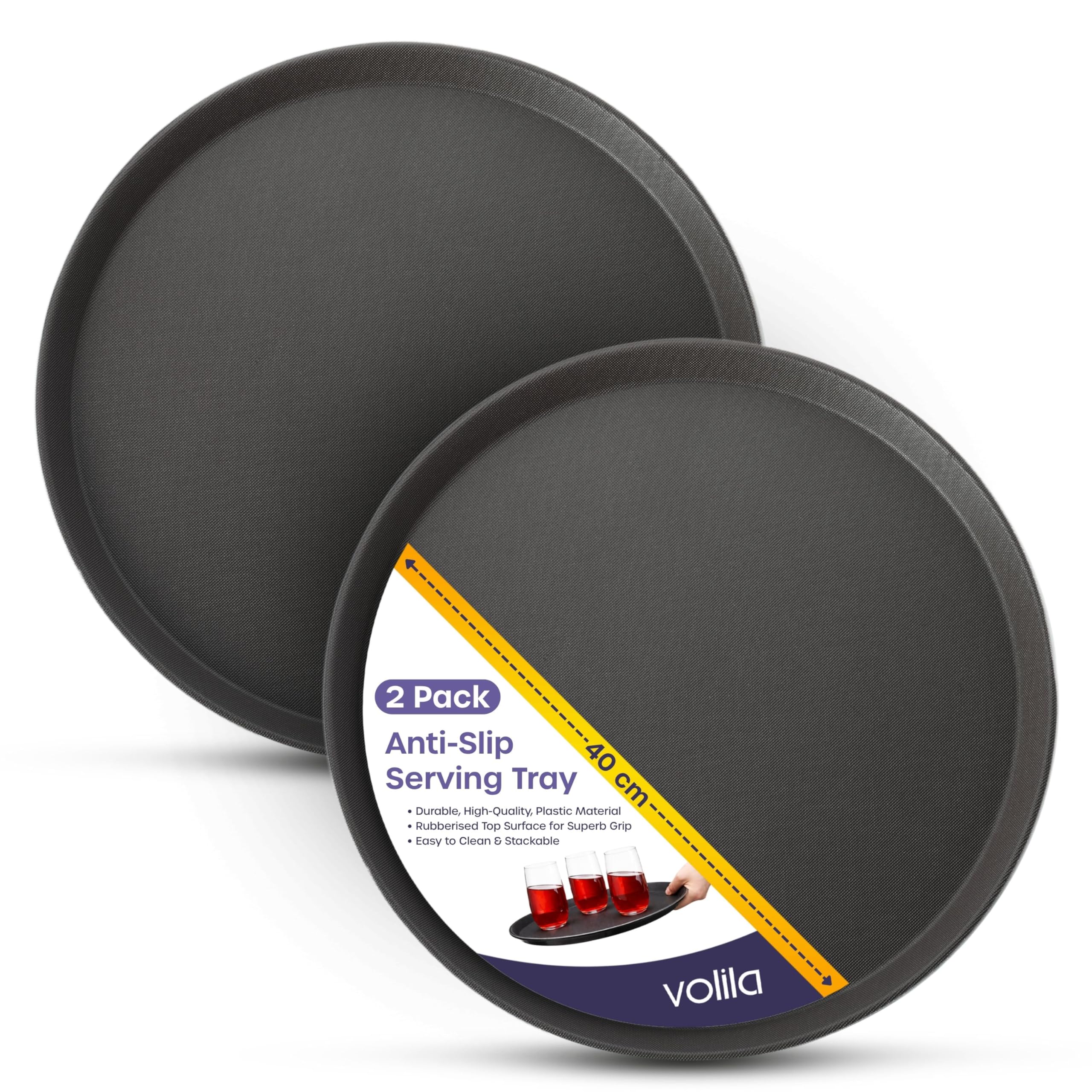 Volila Black 40Cm Tray - 2 Pack Black Round Tray - 40Cm (2 Pack) Rubberized Round Trays For Food Serving And Drinks - Dishwasher Safe Non Slip Tray For Parties, Gatherings, Bars, Restaurants, And Home Use