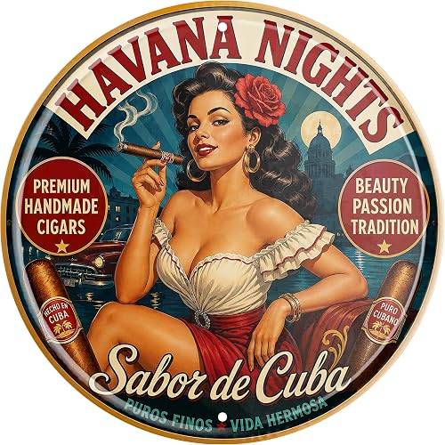 Havana Nights Premium Cigars Metal Sign 8x8in Round