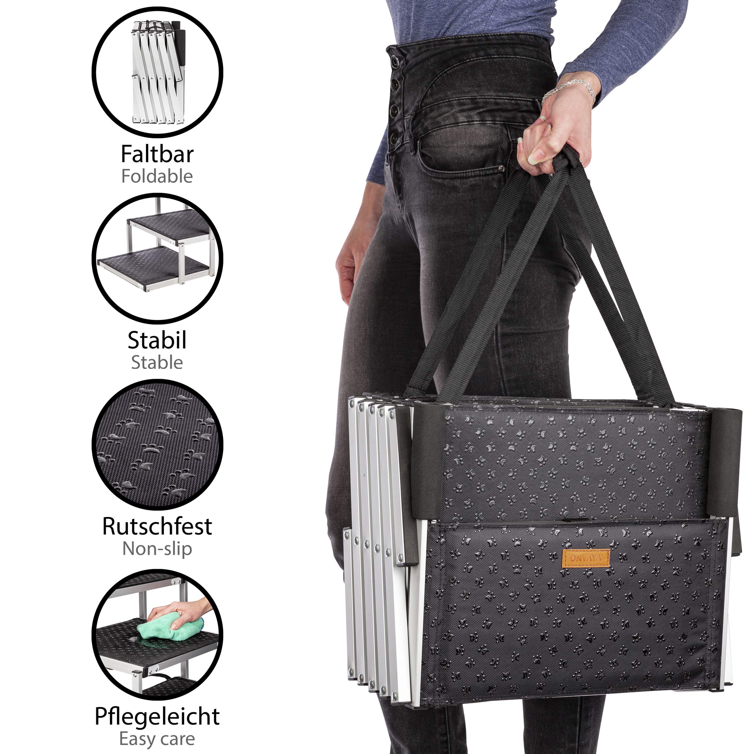 ONVAYA® Hundetreppe faltbar | 5 Stufen | Hunderampe Einstieghilfe für Autos oder hohe Betten | klappbare Haustiertreppe | stabile Hundeleiter | praktisch & leicht | für bis zu 60 kg