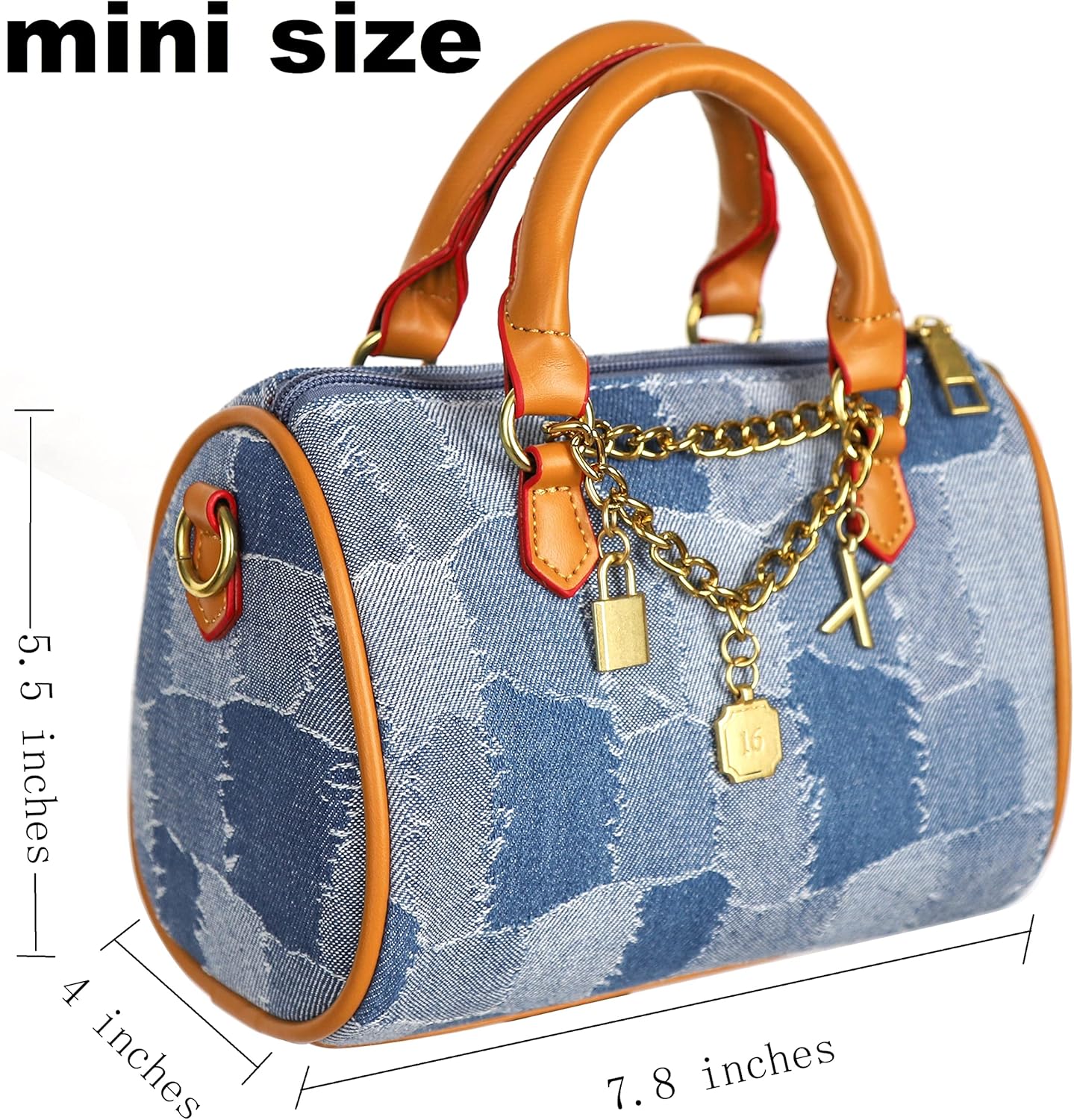Mini Small Denim Purse Jean Boston Barrel Bags Quilted Checkered Top Handle Canvas Tote Crossbody bags Satchel Handbag for Women,Blue - Image 5